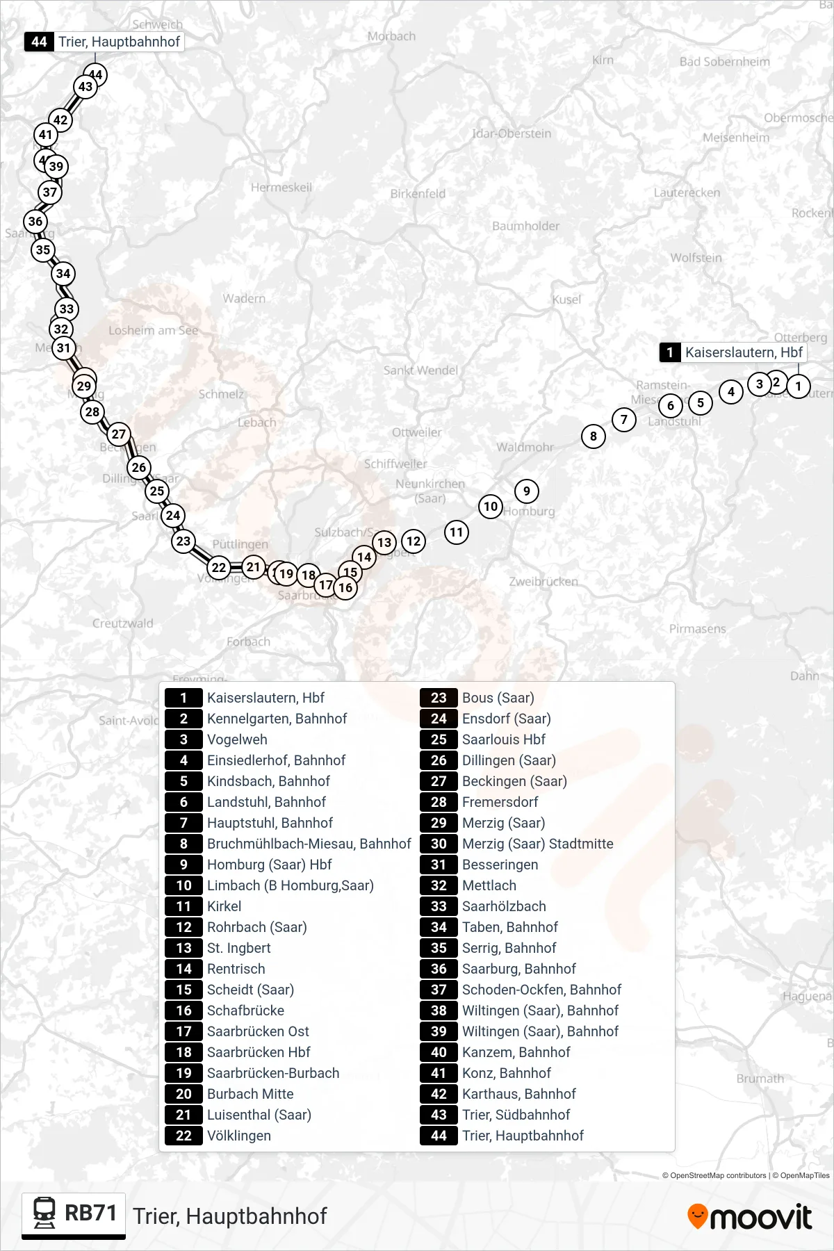 RB71 train Line (Trier, Hauptbahnhof) route and stops on a map