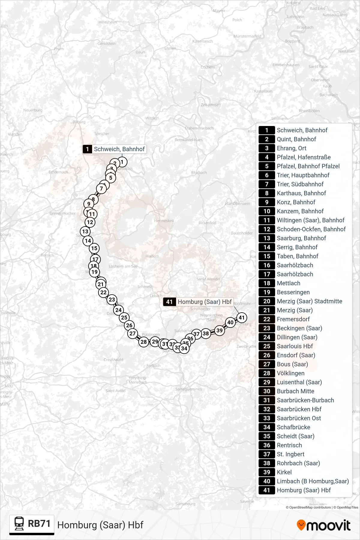 RB71 train Line (Homburg (Saar) Hbf) route and stops on a map