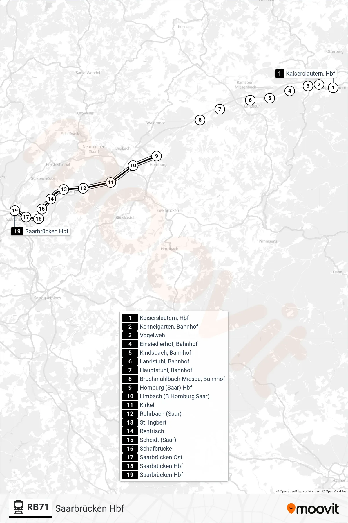 RB71 train Line (Saarbrücken Hbf) route and stops on a map