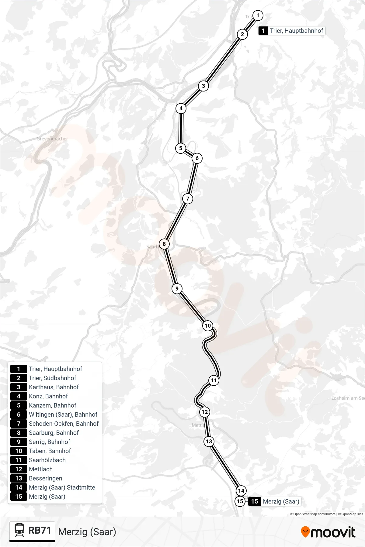 Linie RB71 (Bahn) Richtung Merzig (Saar): Route und Haltestellen auf der Karte