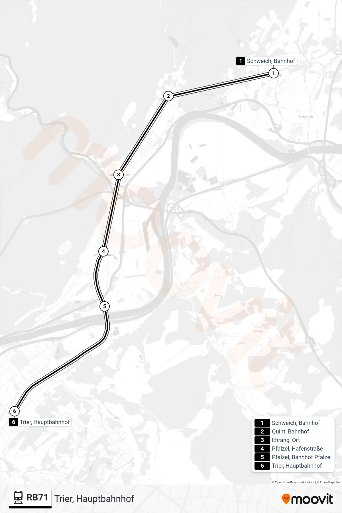 RB71 train Line (Trier, Hauptbahnhof) route and stops on a map
