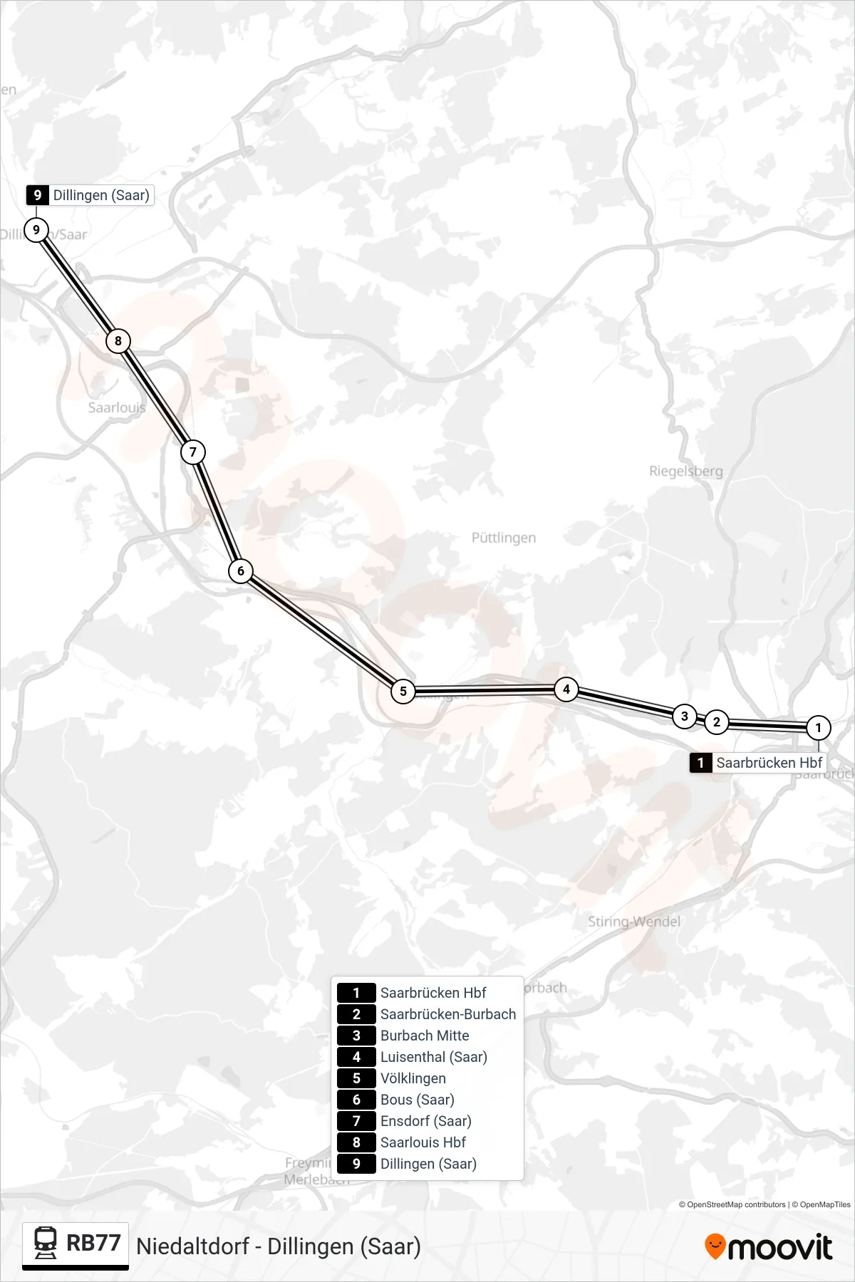 RB77 train Line (Dillingen (Saar)) route and stops on a map