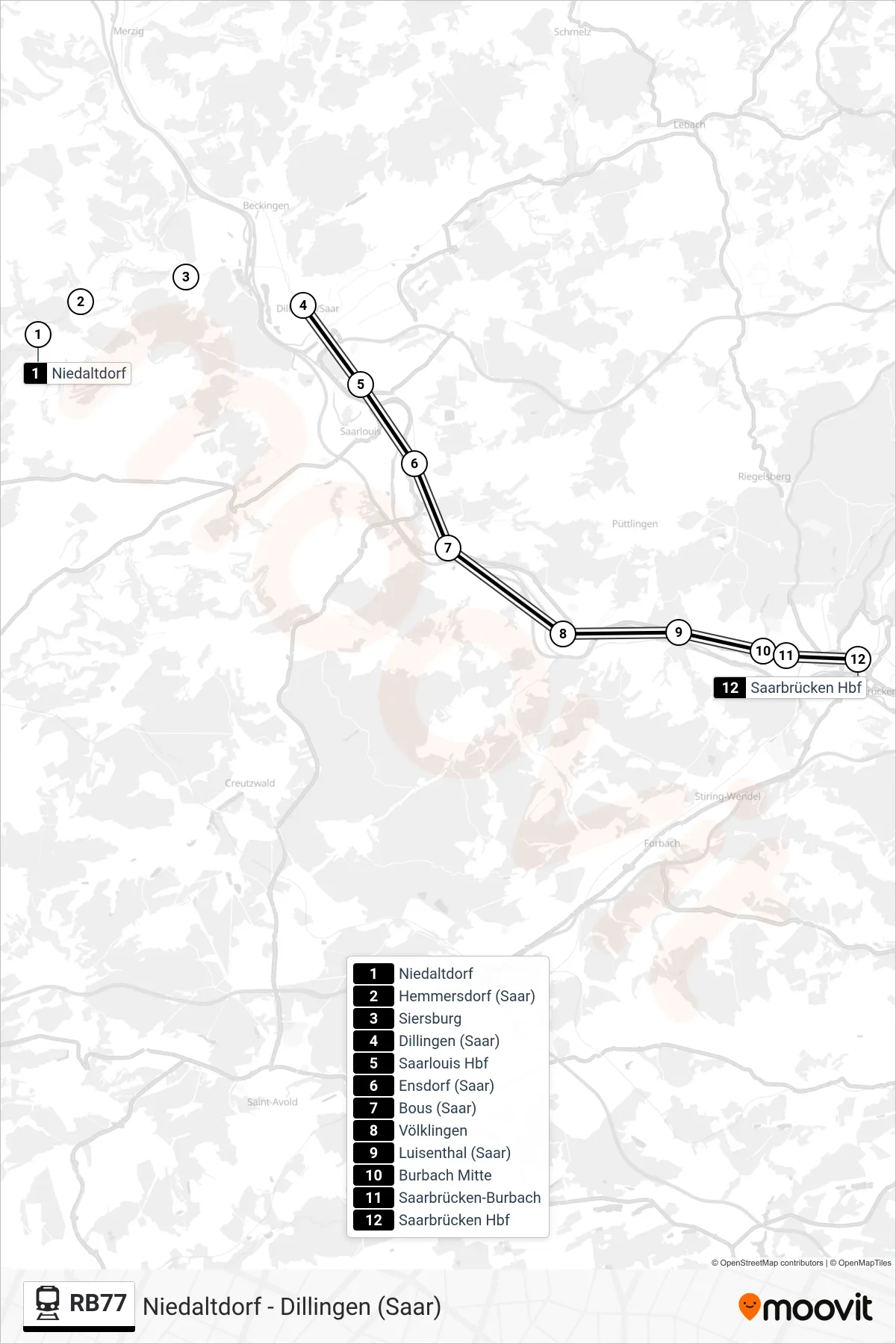 RB77 rail Line (Saarbrücken Hbf) route and stops on a map