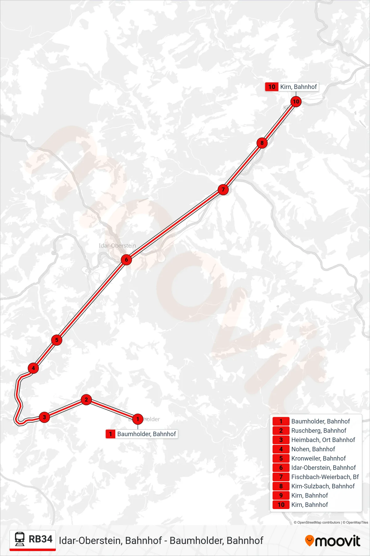 Linie RB34 (Bahn) Richtung Kirn, Bahnhof: Route und Haltestellen auf der Karte