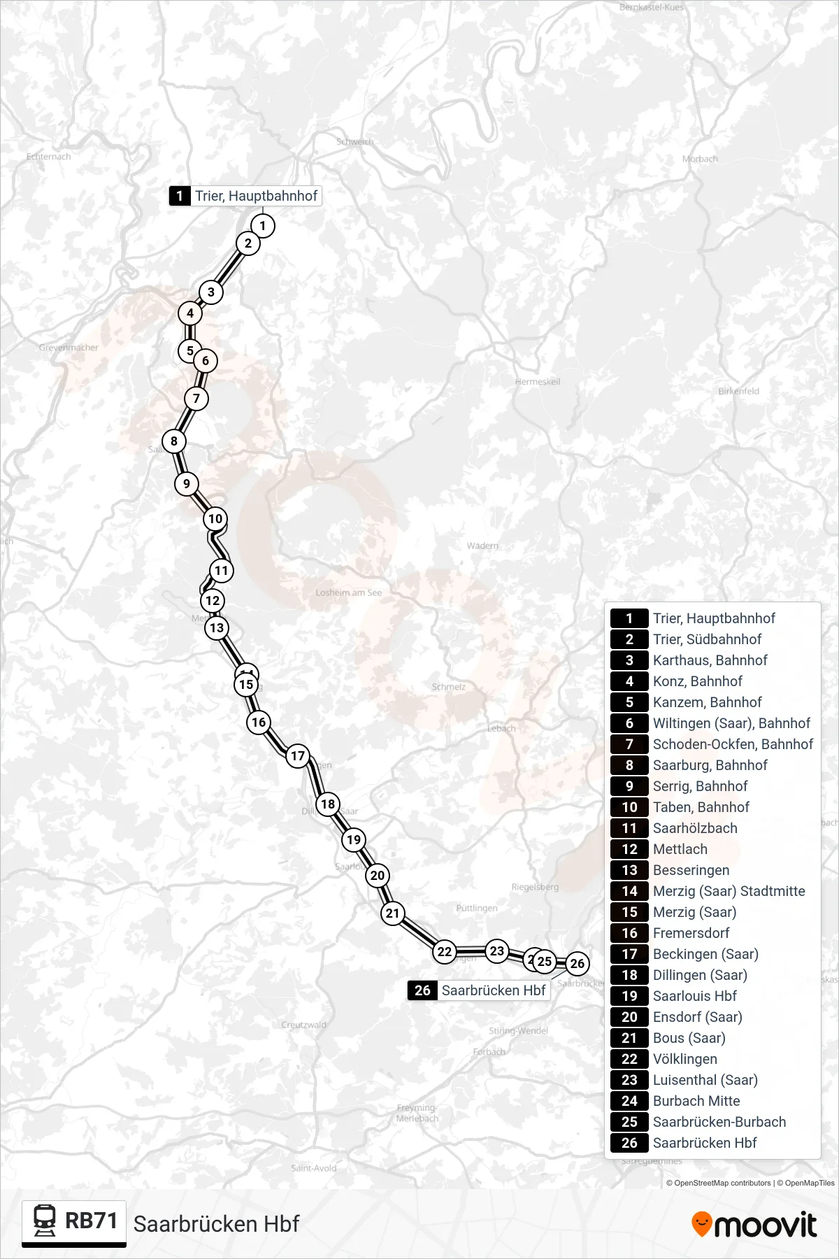 Linie RB71 (Bahn) Richtung Saarbrücken Hbf: Route und Haltestellen auf der Karte