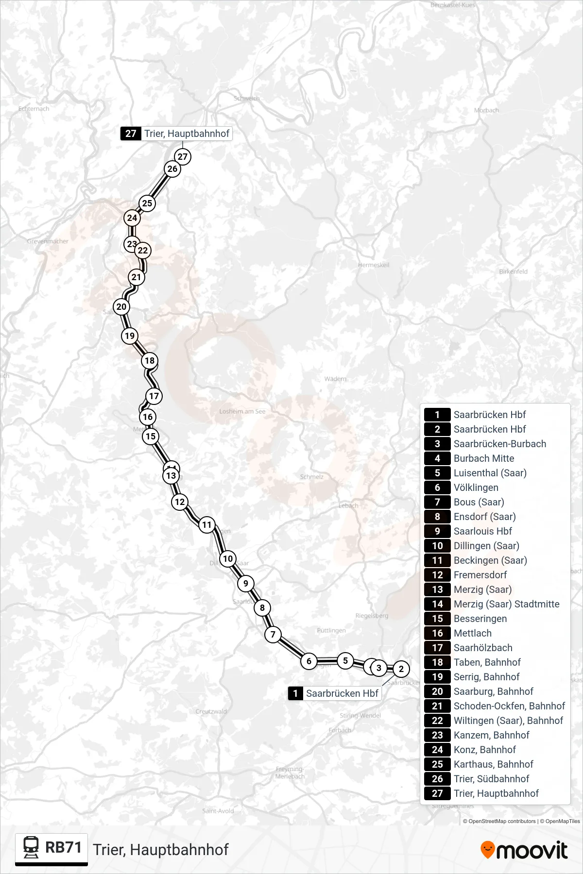 RB71 rail Line (Trier, Hauptbahnhof) route and stops on a map