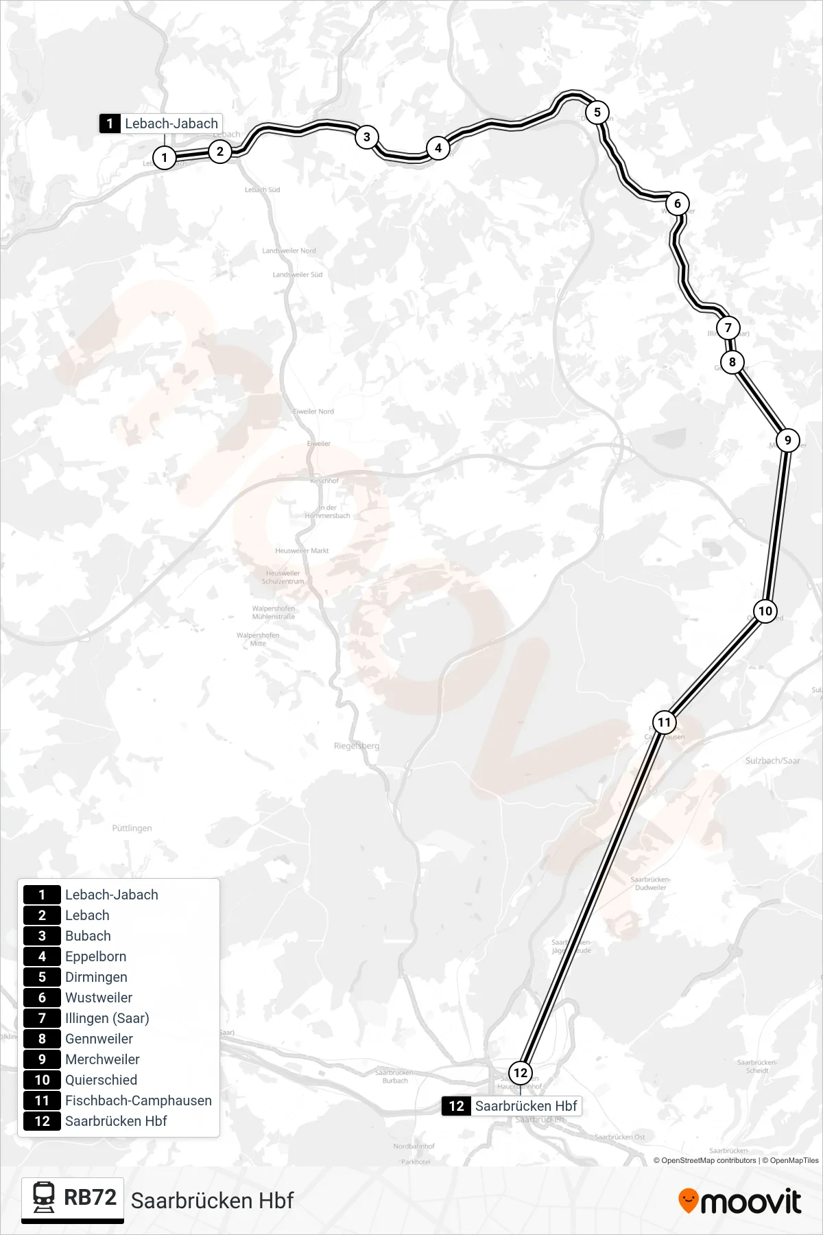 RB72 train Line (Saarbrücken Hbf) route and stops on a map