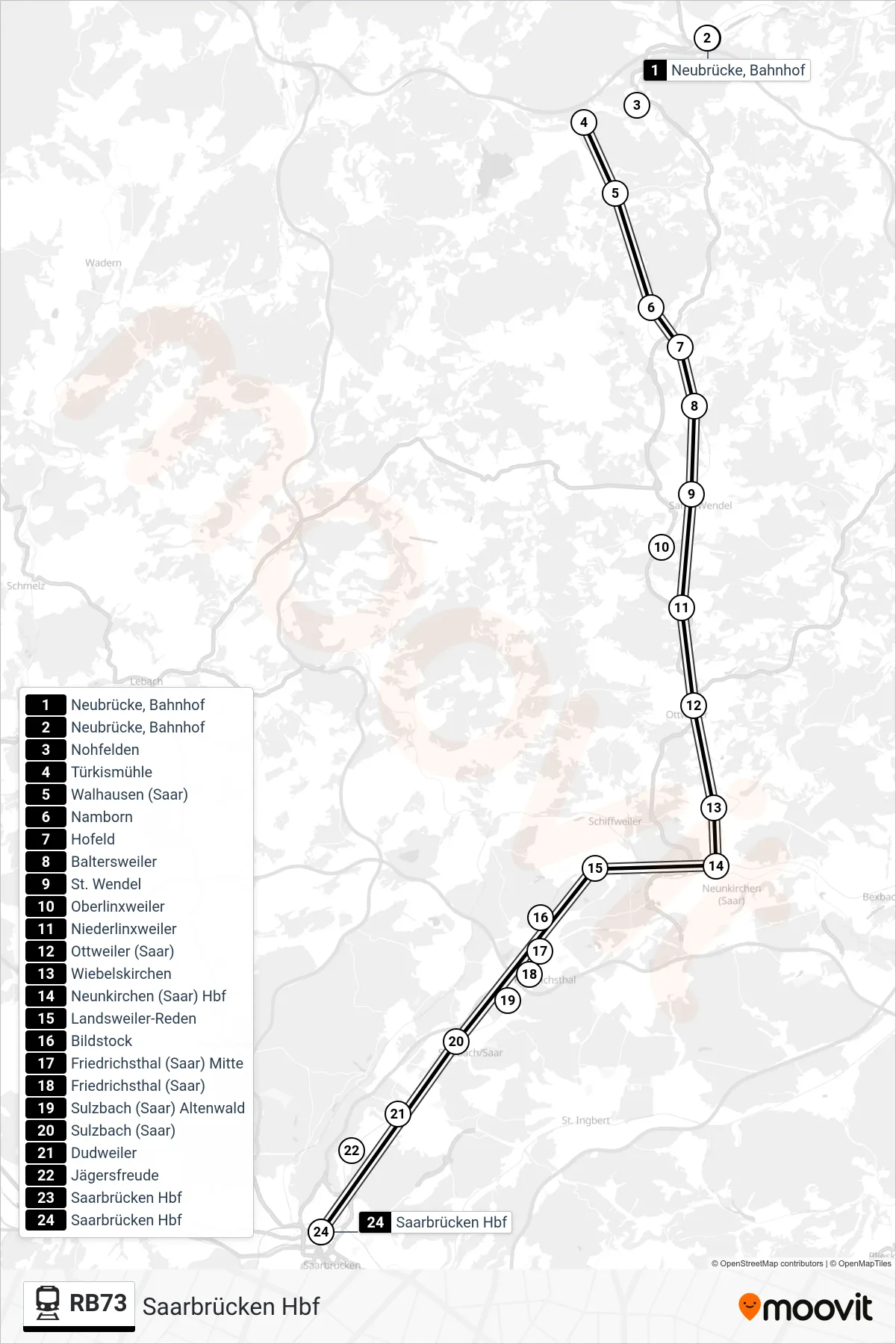 RB73 train Line (Saarbrücken Hbf) route and stops on a map