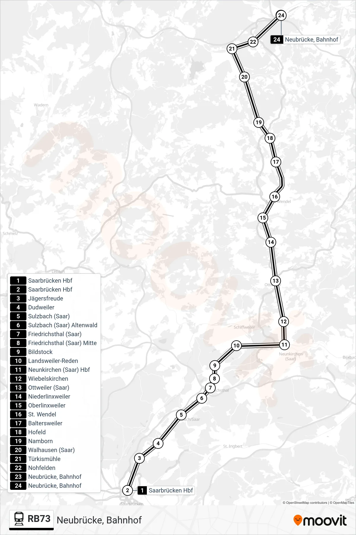 RB73 train Line (Neubrücke, Bahnhof) route and stops on a map