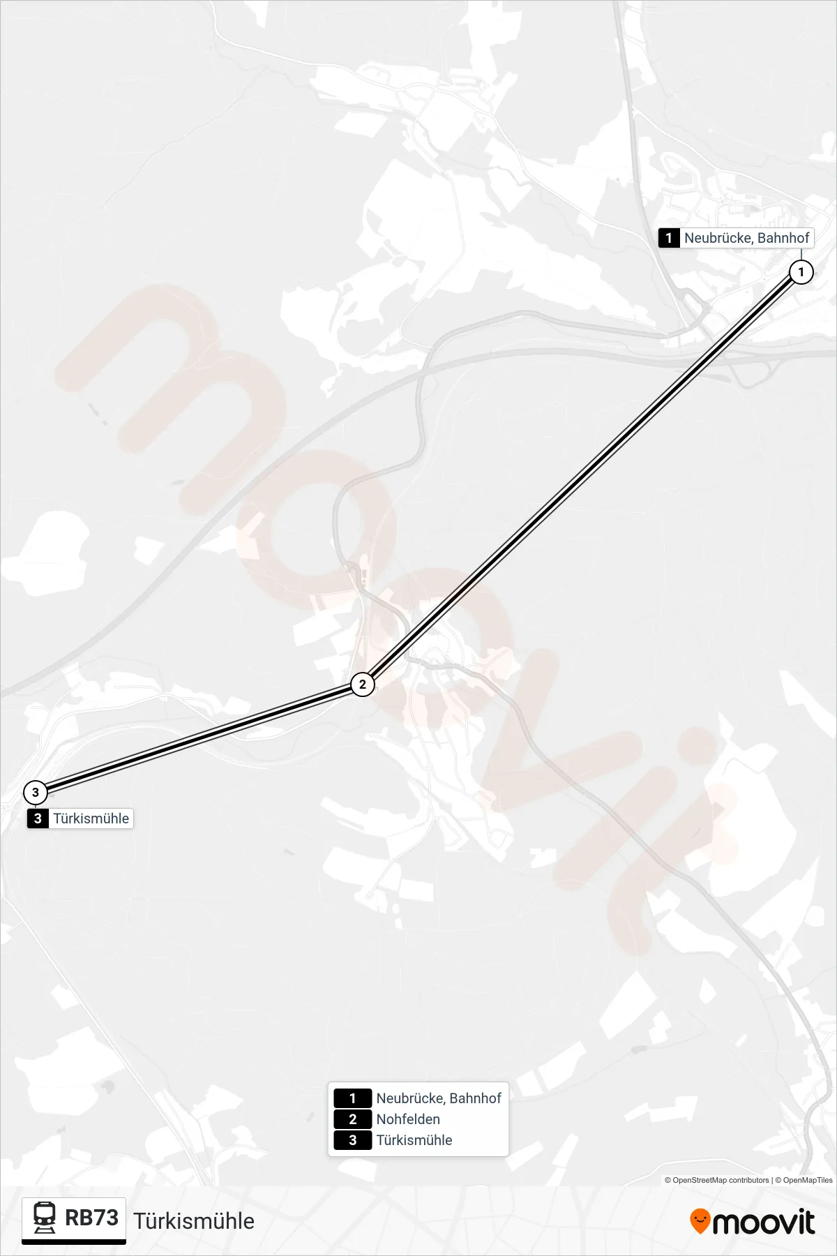 RB73 train Line (Türkismühle) route and stops on a map