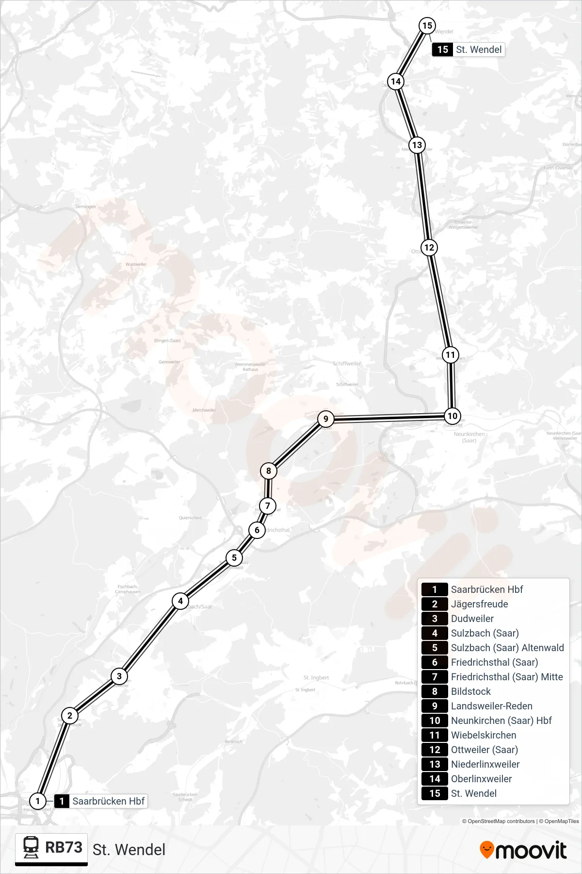 RB73 train Line (St. Wendel) route and stops on a map