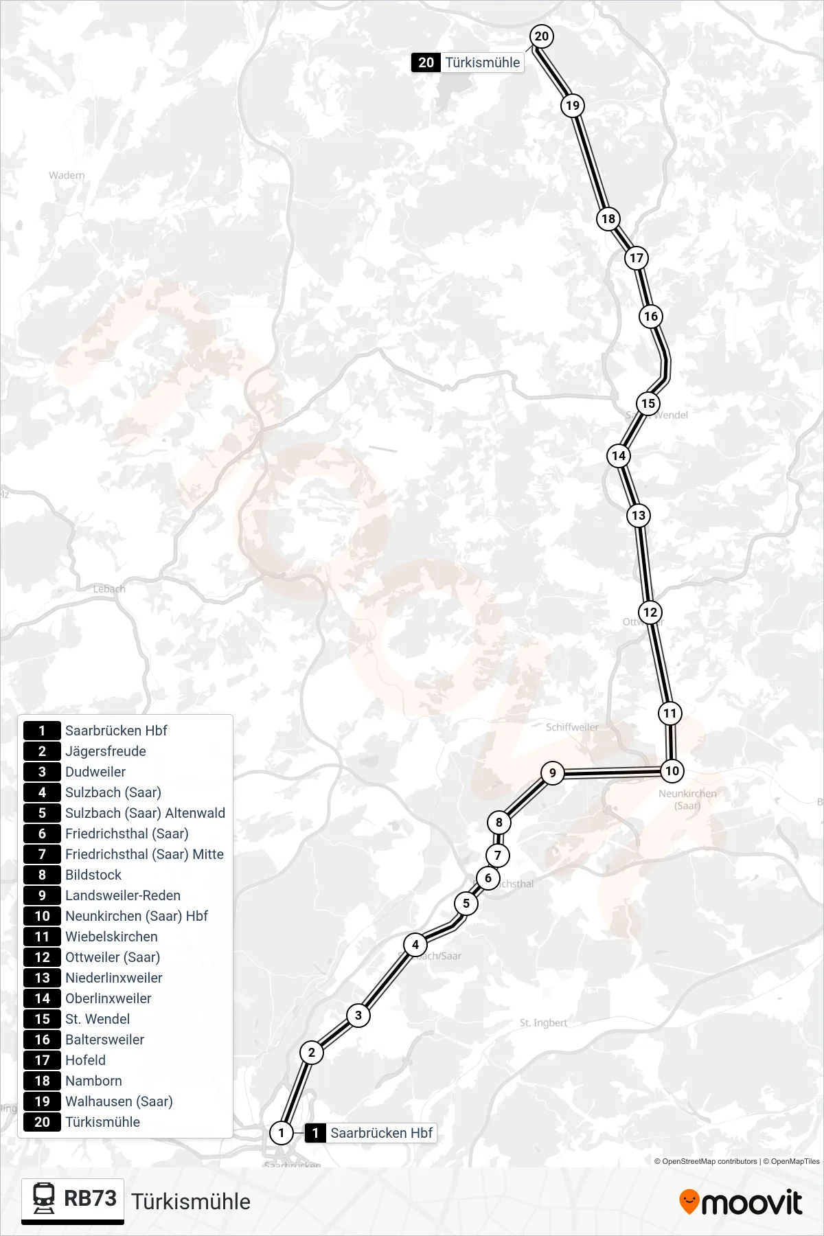 RB73 train Line (Türkismühle) route and stops on a map