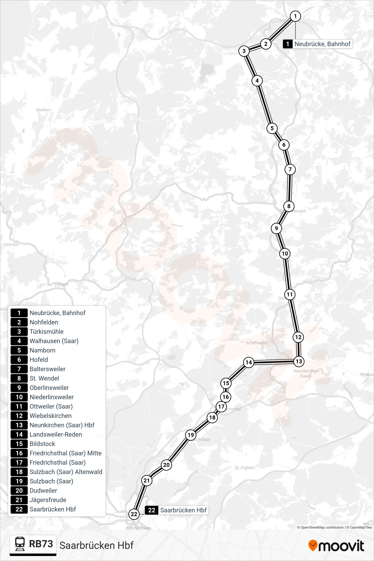 Linie RB73 (Bahn) Richtung Saarbrücken Hbf: Route und Haltestellen auf der Karte