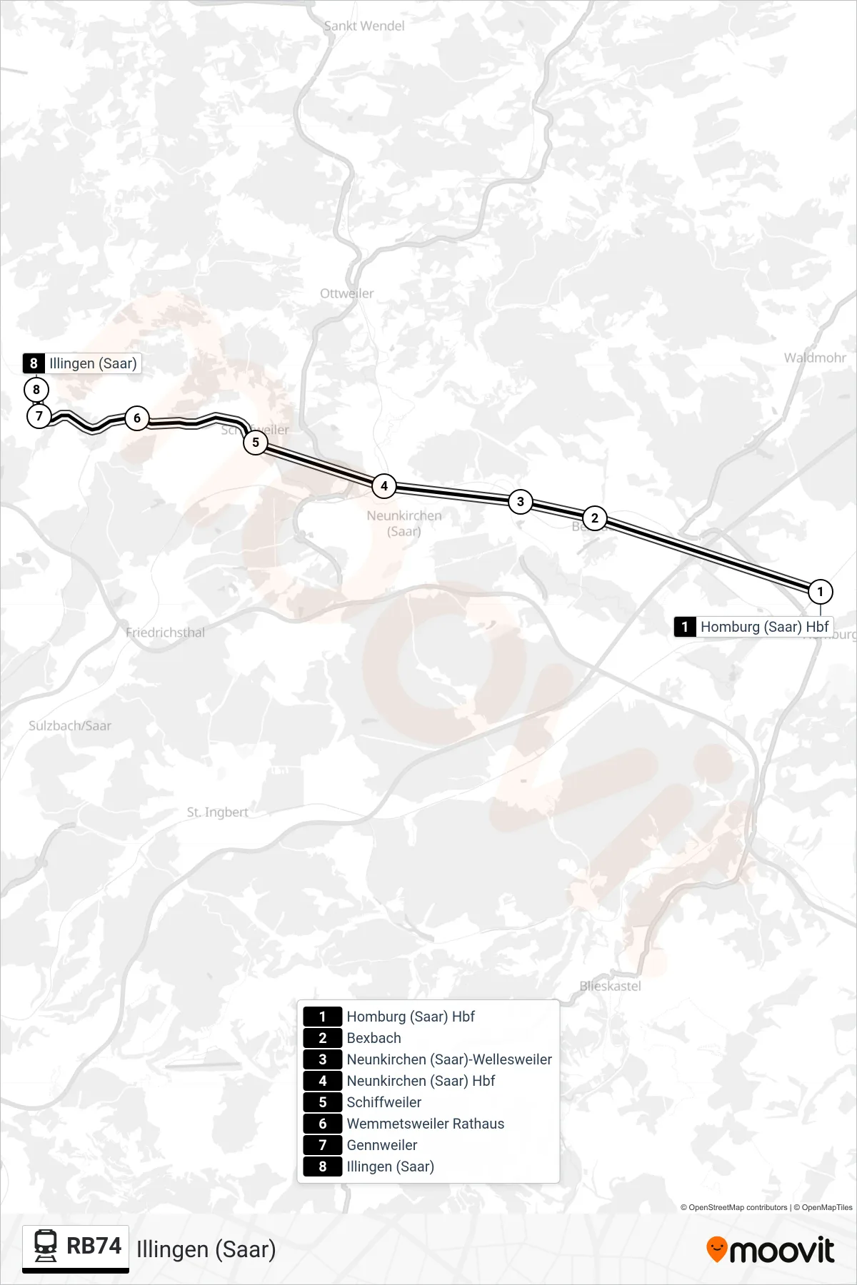 RB74 train Line (Illingen (Saar)) route and stops on a map