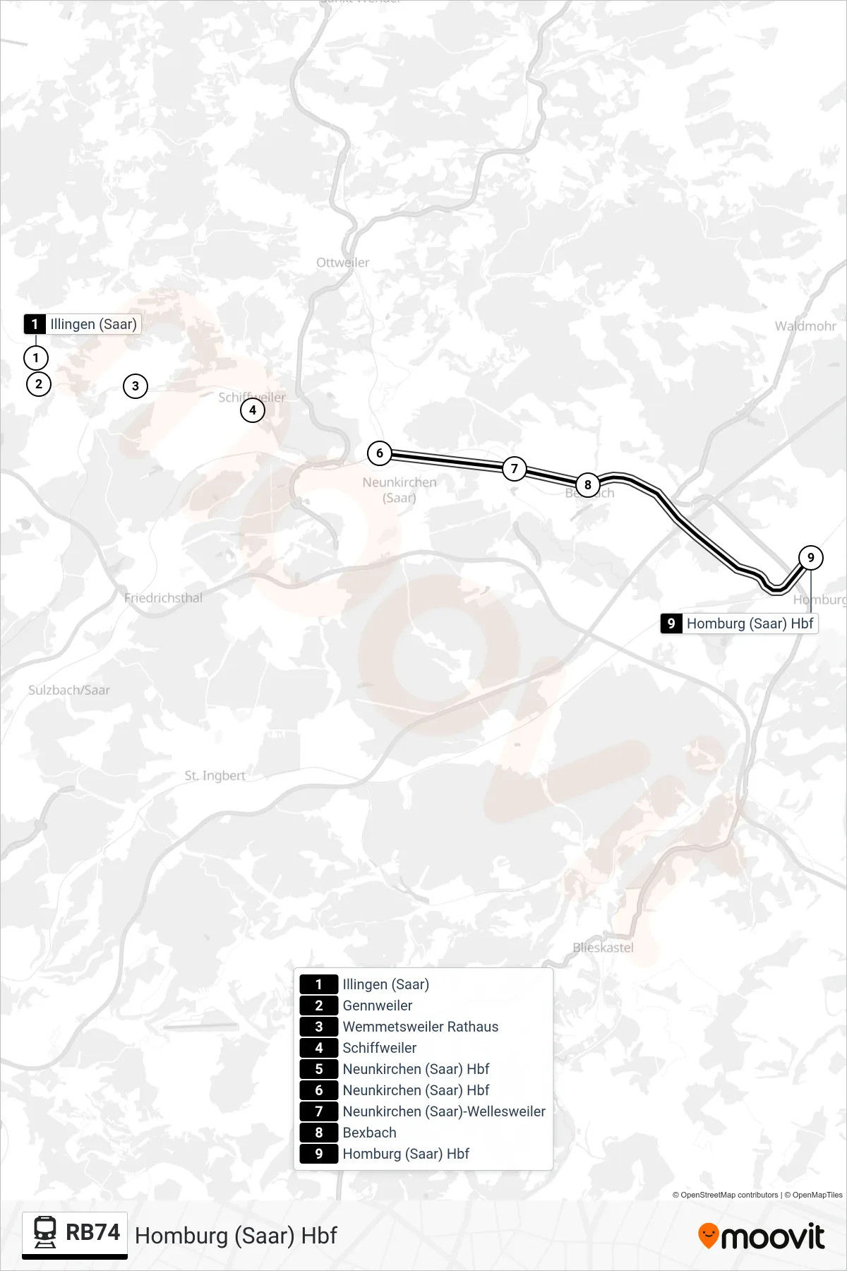 RB74 rail Line (Homburg (Saar) Hbf) route and stops on a map