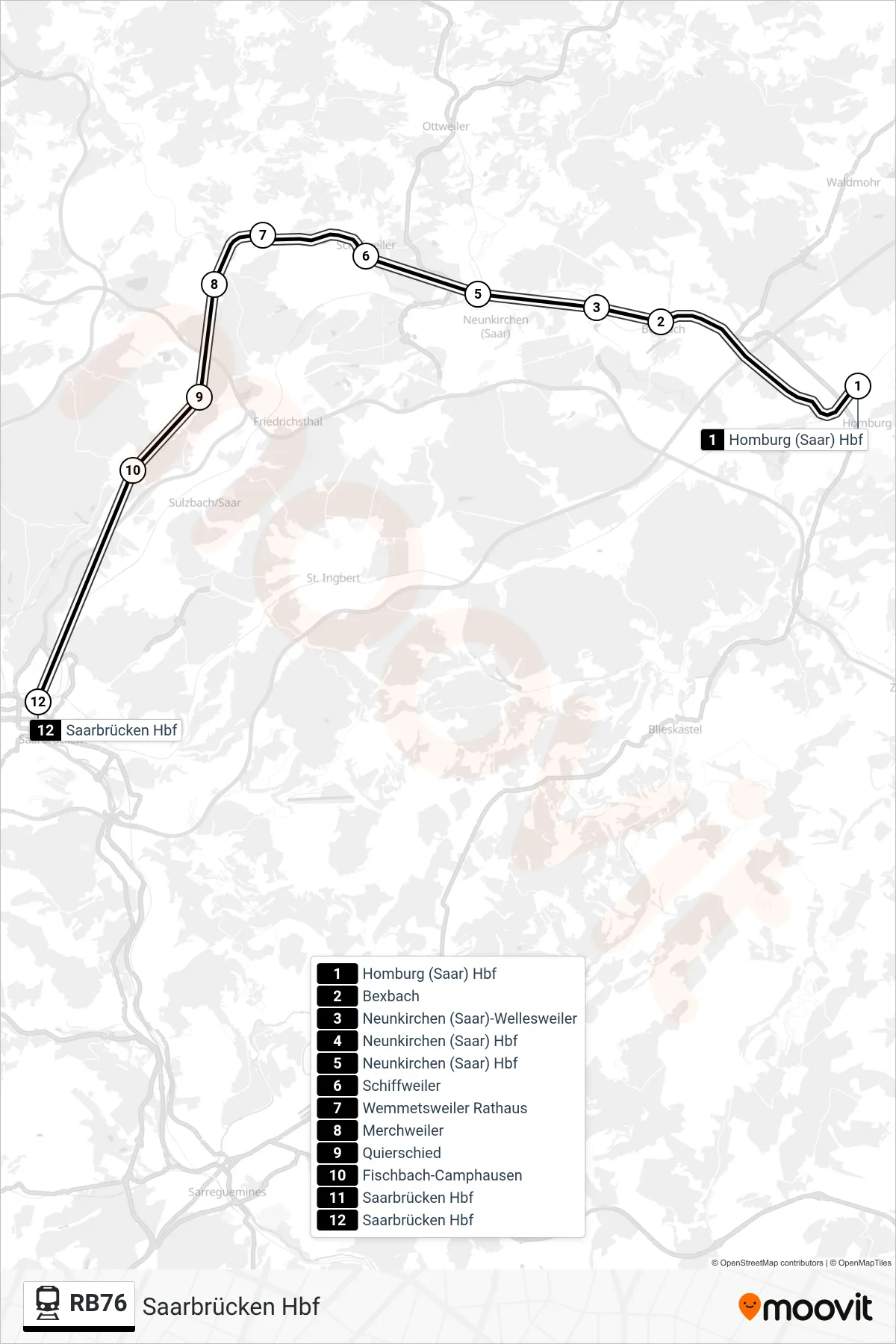 RB76 train Line (Saarbrücken Hbf) route and stops on a map
