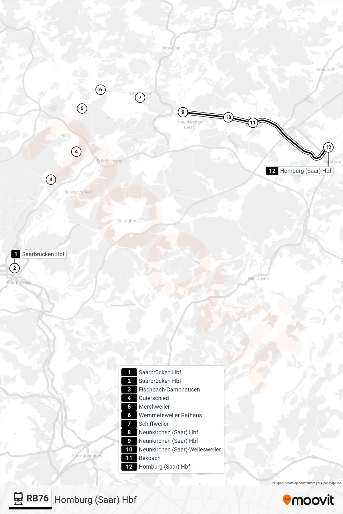 RB76 train Line (Homburg (Saar) Hbf) route and stops on a map