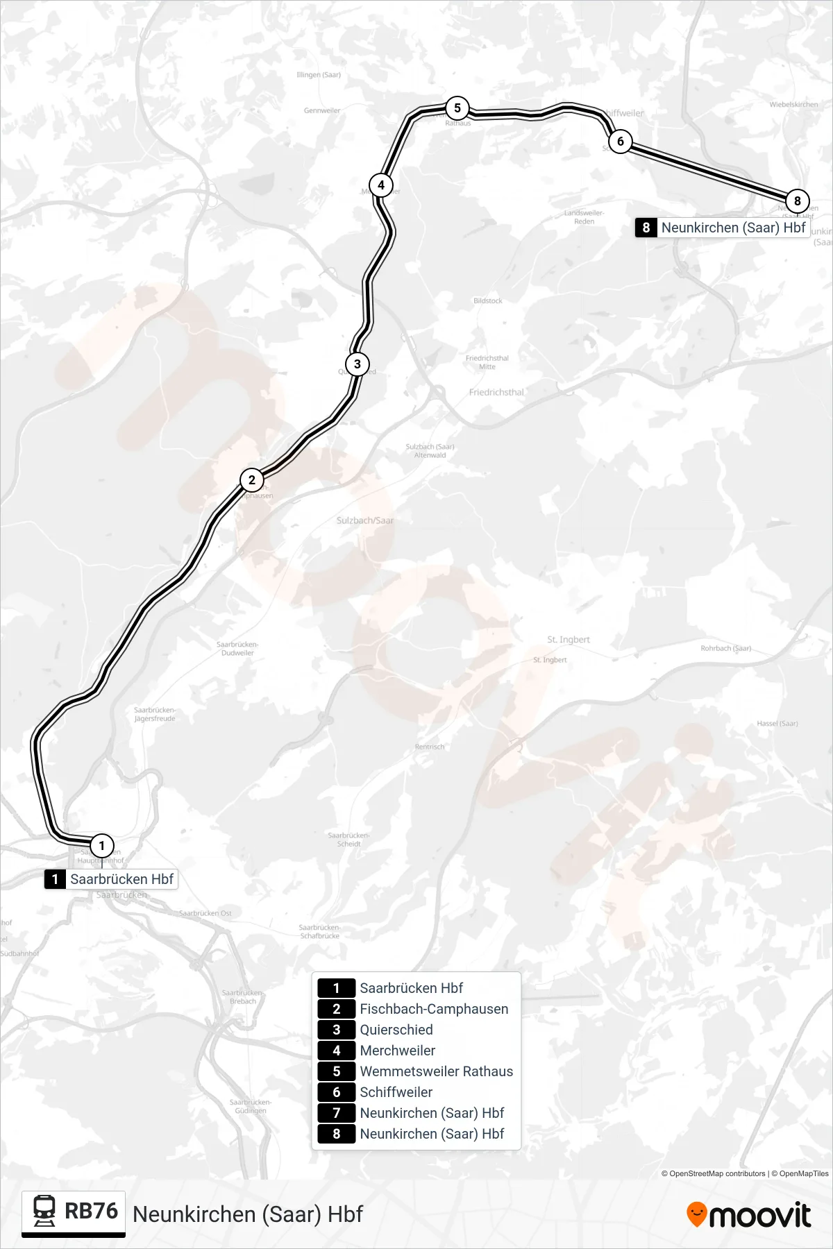 RB76 train Line (Neunkirchen (Saar) Hbf) route and stops on a map