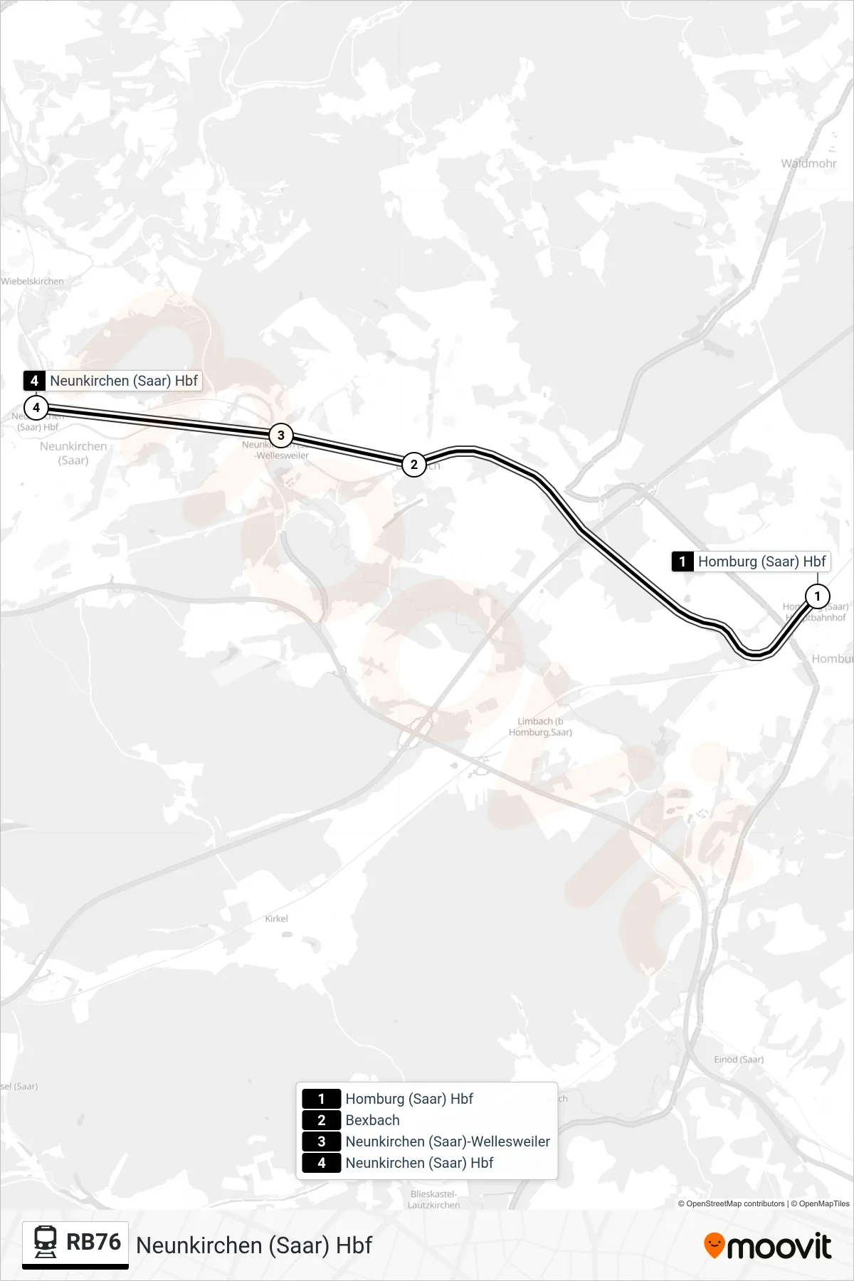 Linie RB76 (Bahn) Richtung Neunkirchen (Saar) Hbf: Route und Haltestellen auf der Karte
