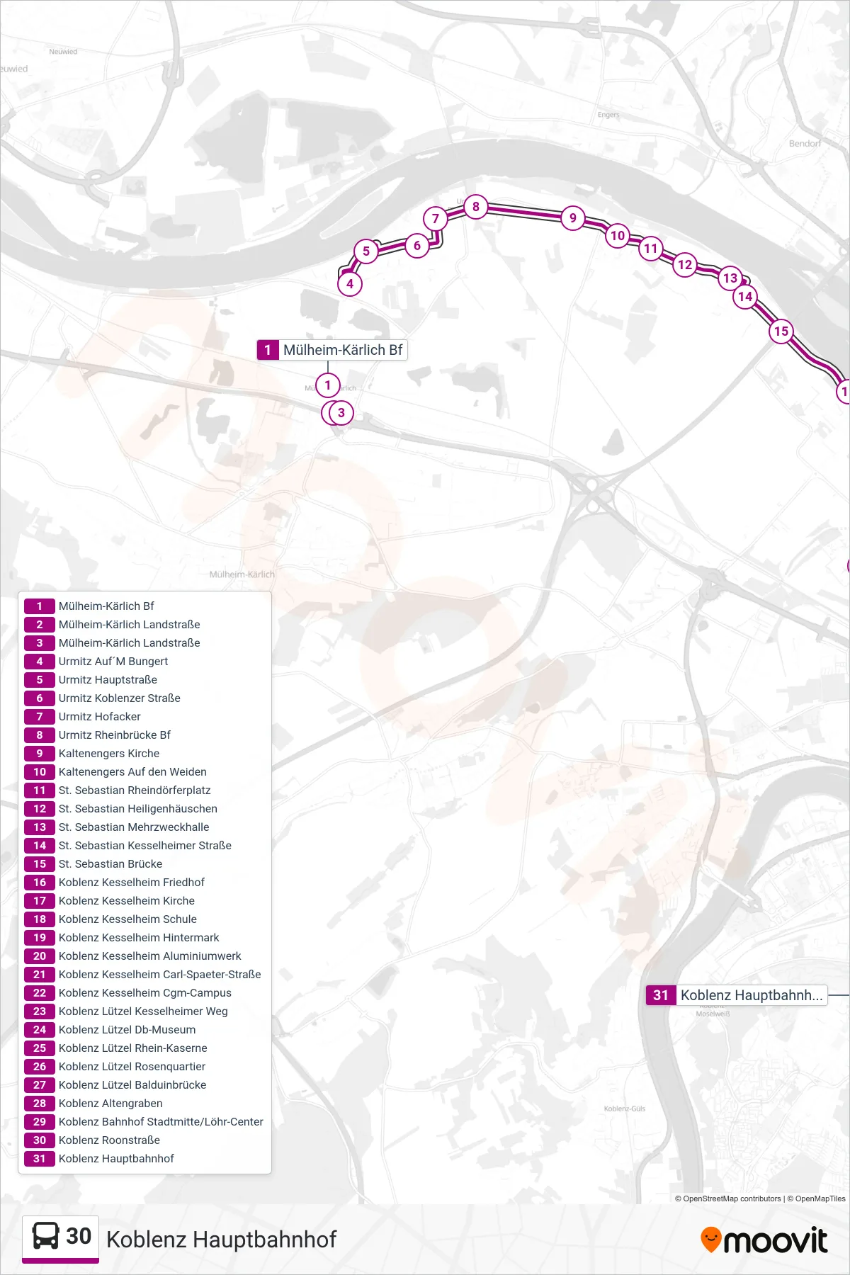30 bus Line (Koblenz Hauptbahnhof) route and stops on a map