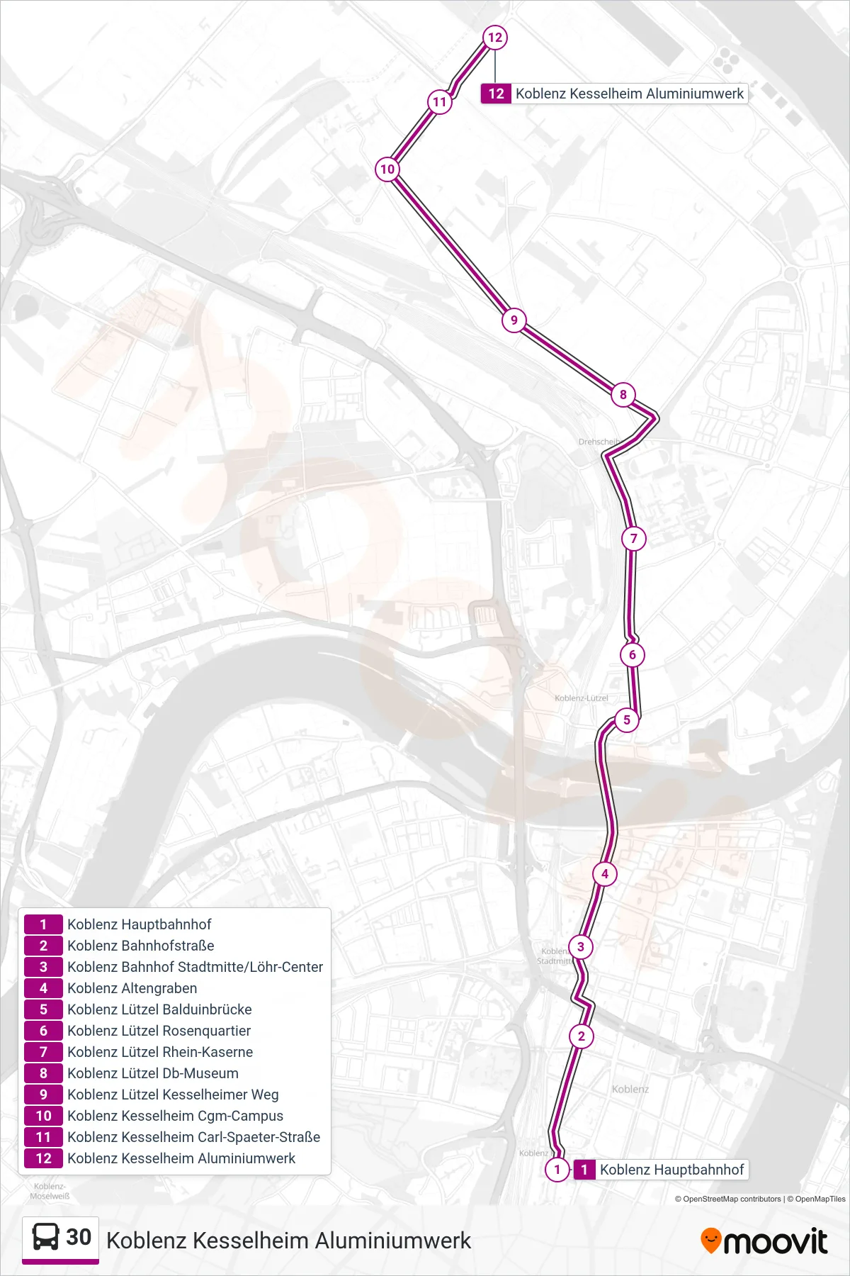 Linie 30 (Bus) Richtung Koblenz Kesselheim Aluminiumwerk: Route und Haltestellen auf der Karte