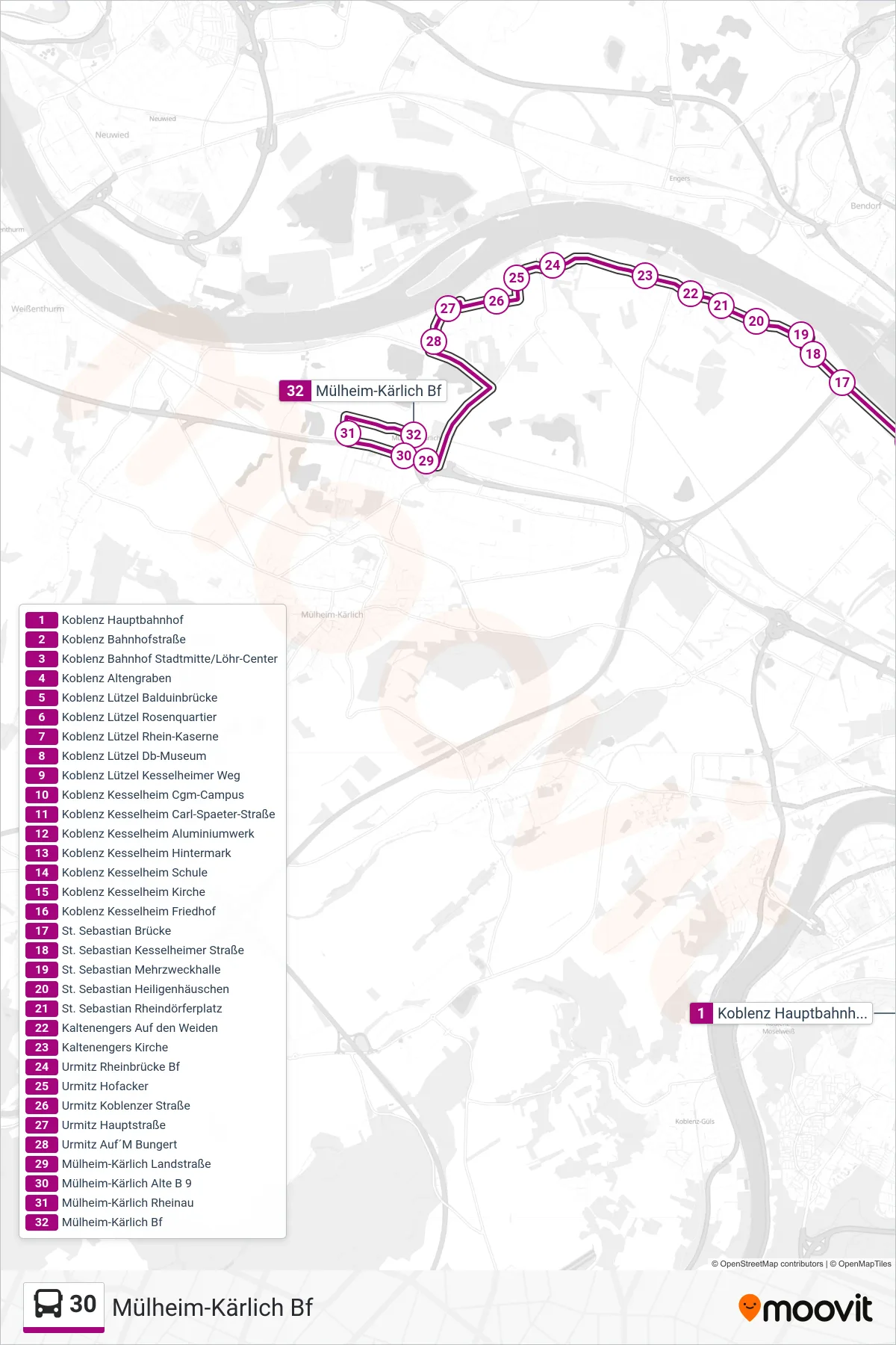 30 bus Line (Mülheim-Kärlich Bf) route and stops on a map