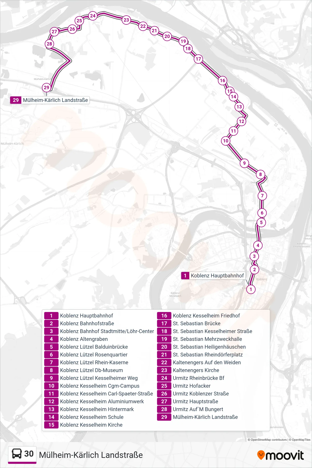 30 bus Line (Mülheim-Kärlich Landstraße) route and stops on a map