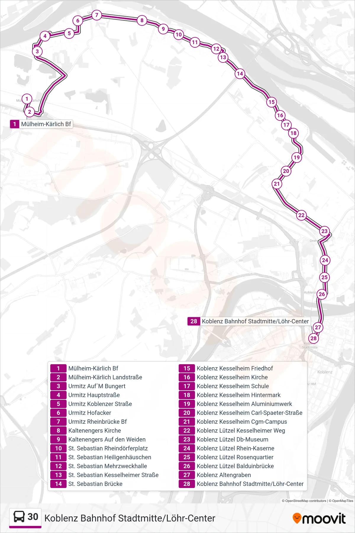 30 bus Line (Koblenz Bahnhof Stadtmitte/Löhr-Center) route and stops on a map