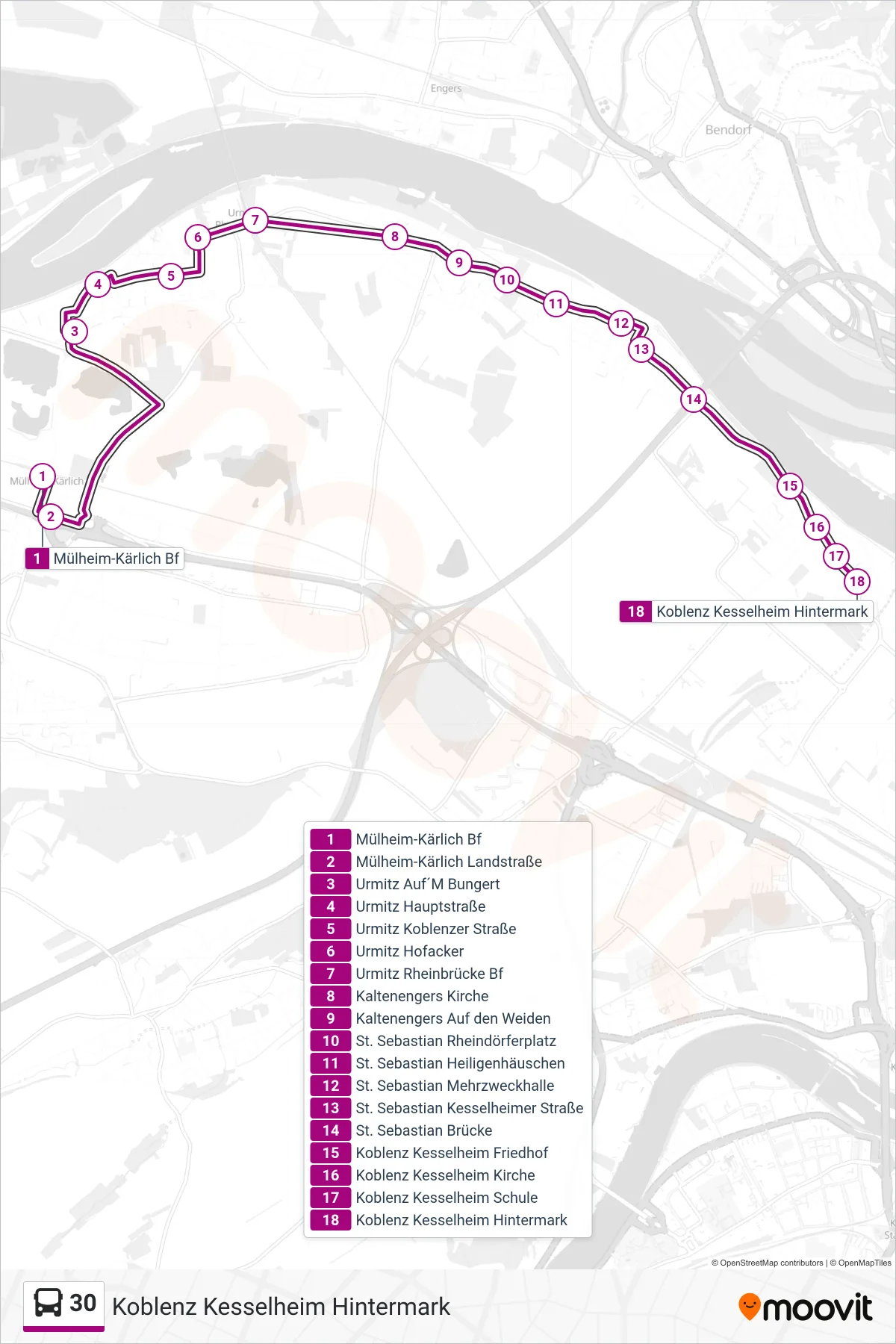 30 bus Line (Koblenz Kesselheim Hintermark) route and stops on a map