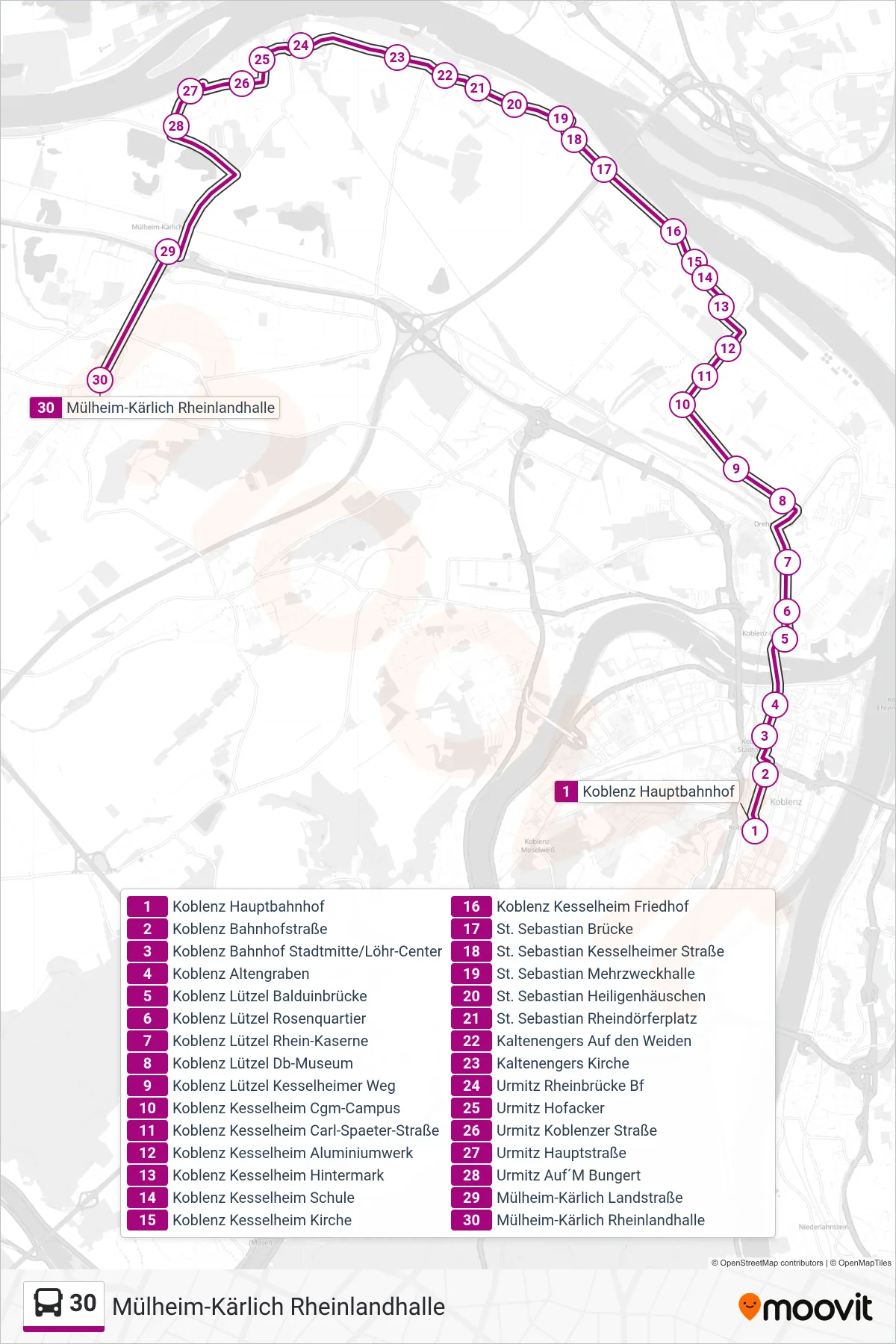 30 bus Line (Mülheim-Kärlich Rheinlandhalle) route and stops on a map