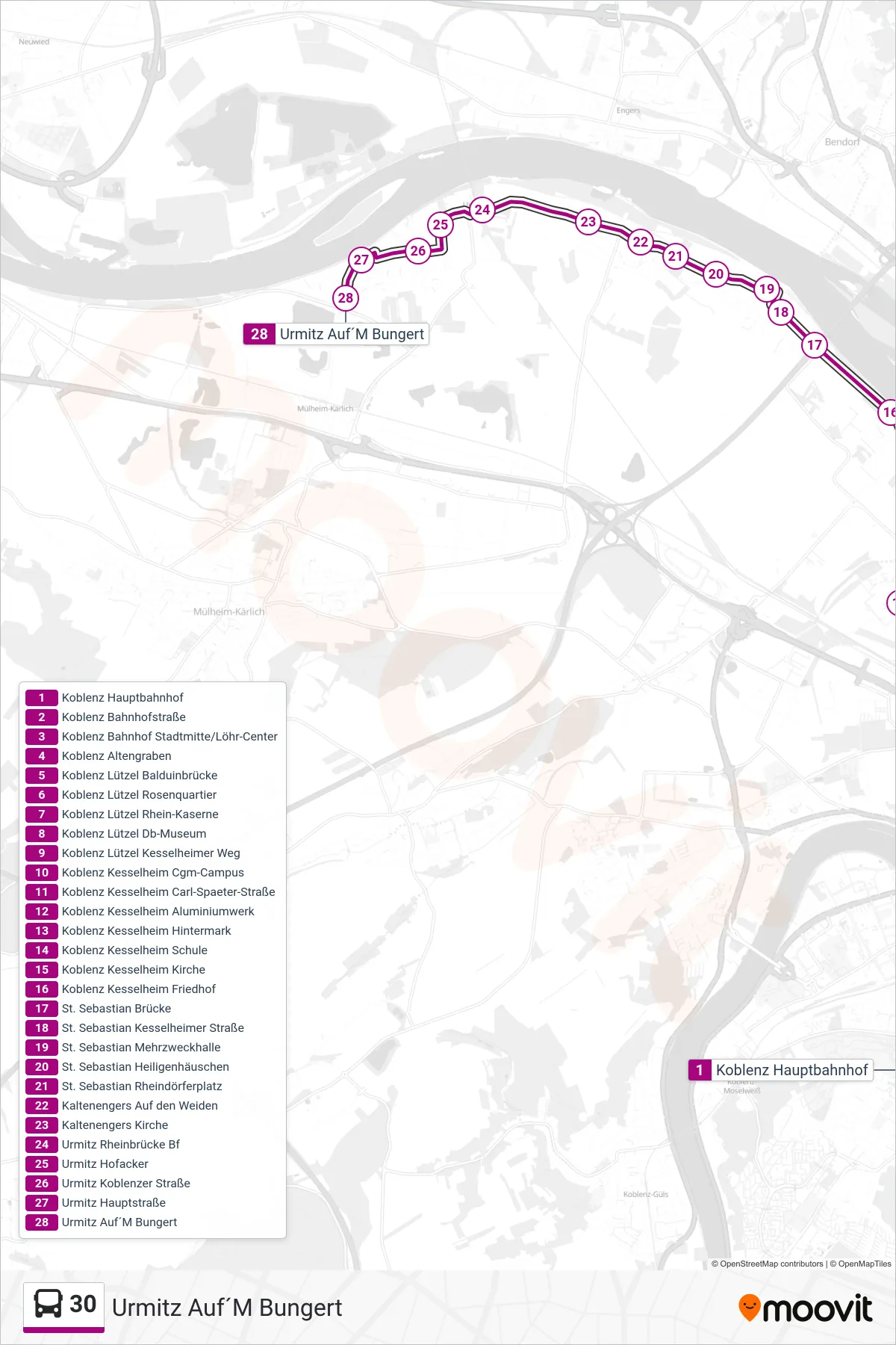 30 bus Line (Urmitz Auf´M Bungert) route and stops on a map