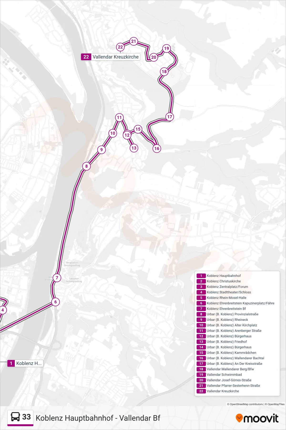 33 bus Line (Vallendar Kreuzkirche) route and stops on a map