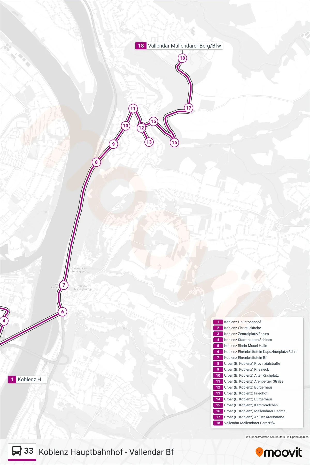 33 bus Line (Vallendar Mallendarer Berg/Bfw) route and stops on a map