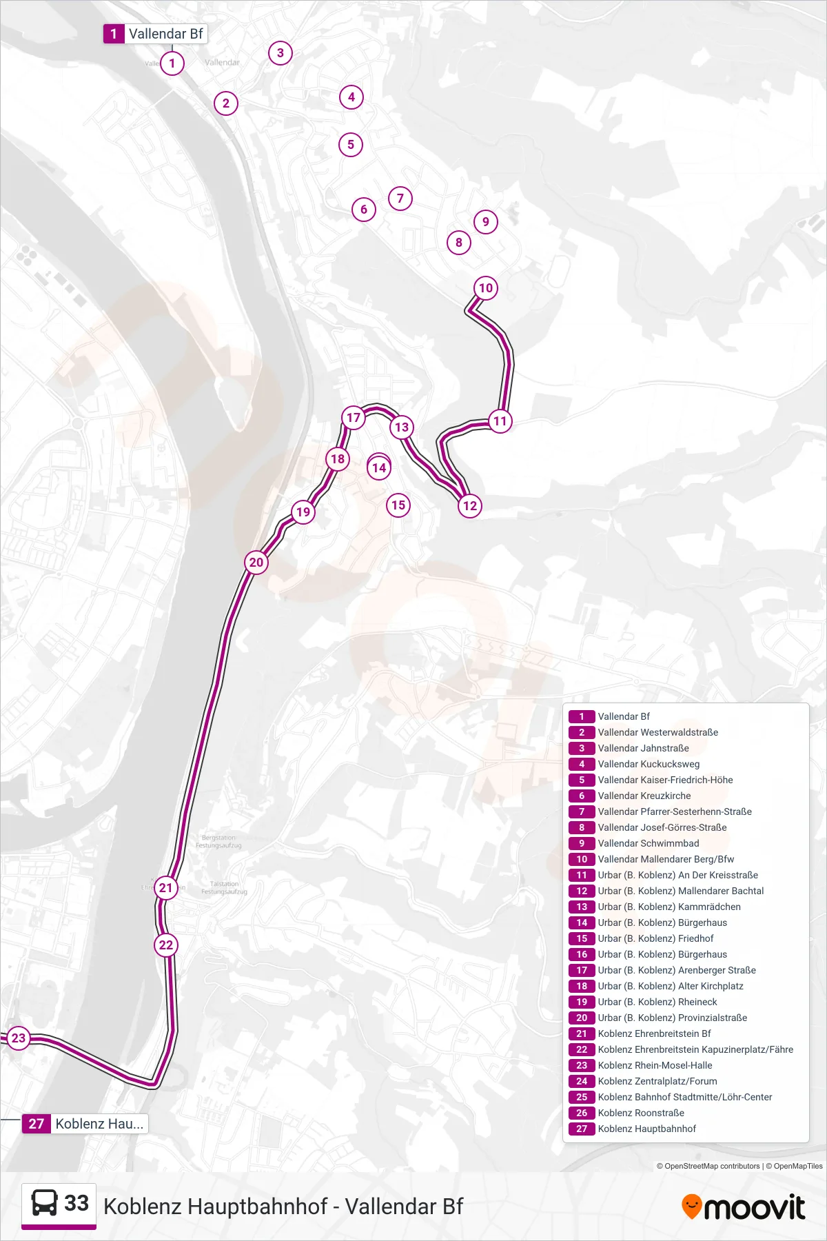 33 bus Line (Koblenz Hauptbahnhof) route and stops on a map
