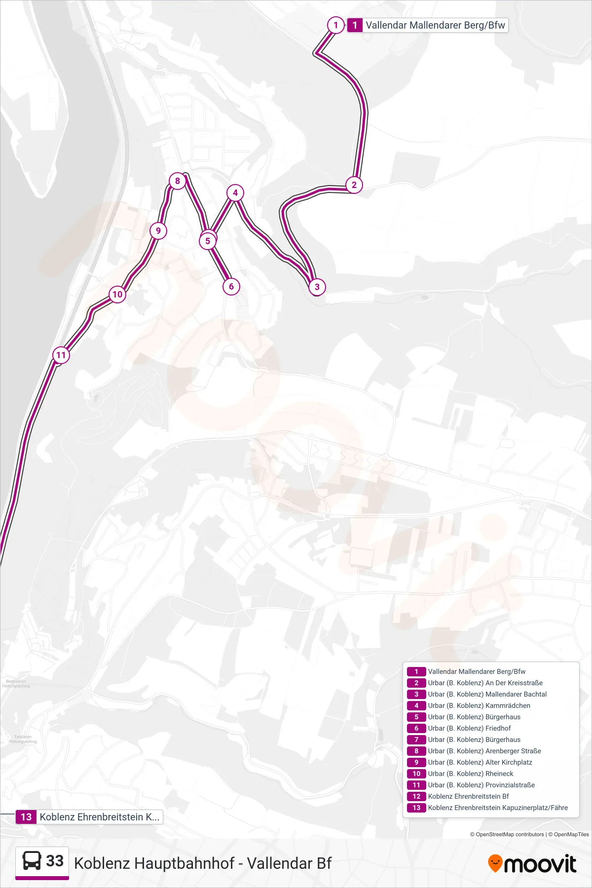 33 bus Line (Koblenz Ehrenbreitstein Kapuzinerplatz/Fähre) route and stops on a map