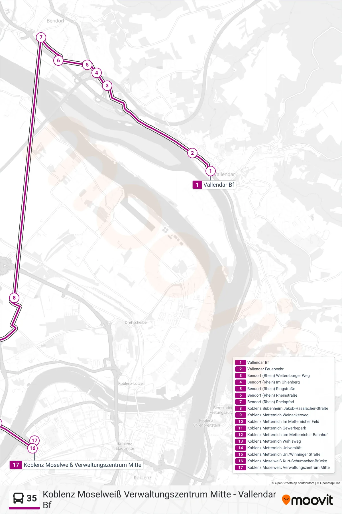 35 bus Line (Koblenz Moselweiß Verwaltungszentrum Mitte) route and stops on a map