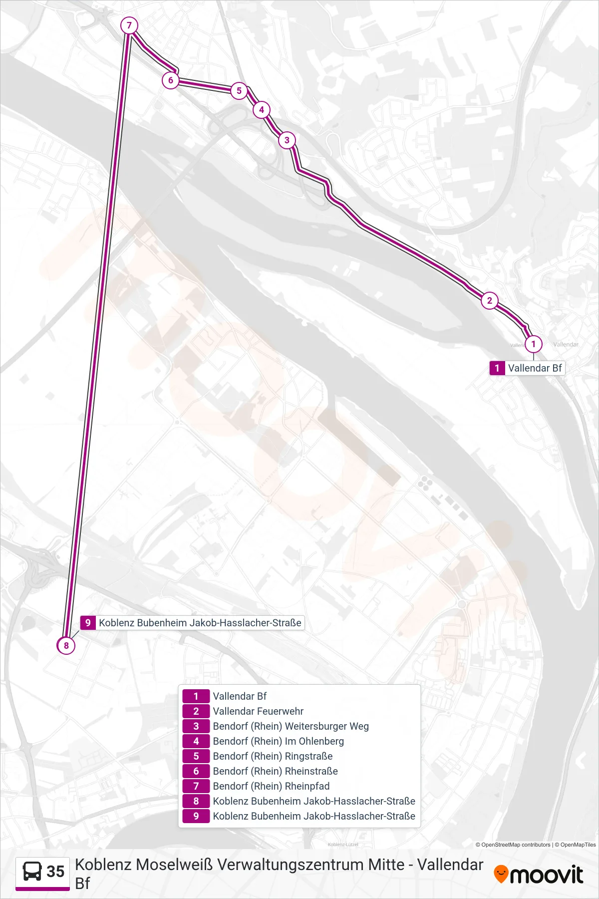 35 bus Line (Koblenz Bubenheim Jakob-Hasslacher-Straße) route and stops on a map