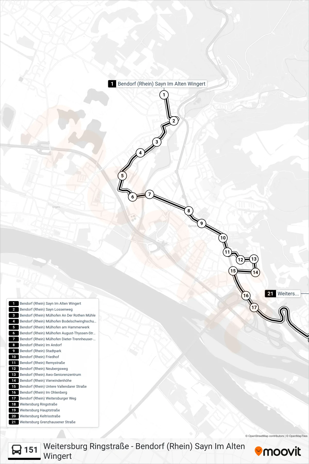 151 bus Line (Weitersburg Grenzhausener Straße) route and stops on a map
