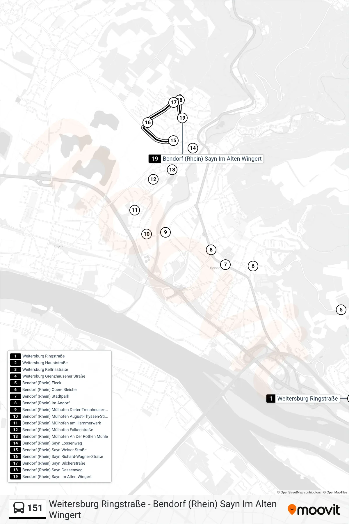 151 bus Line (Bendorf (Rhein) Sayn Im Alten Wingert) route and stops on a map