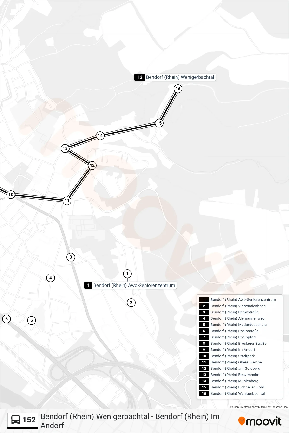 152 bus Line (Bendorf (Rhein) Wenigerbachtal) route and stops on a map
