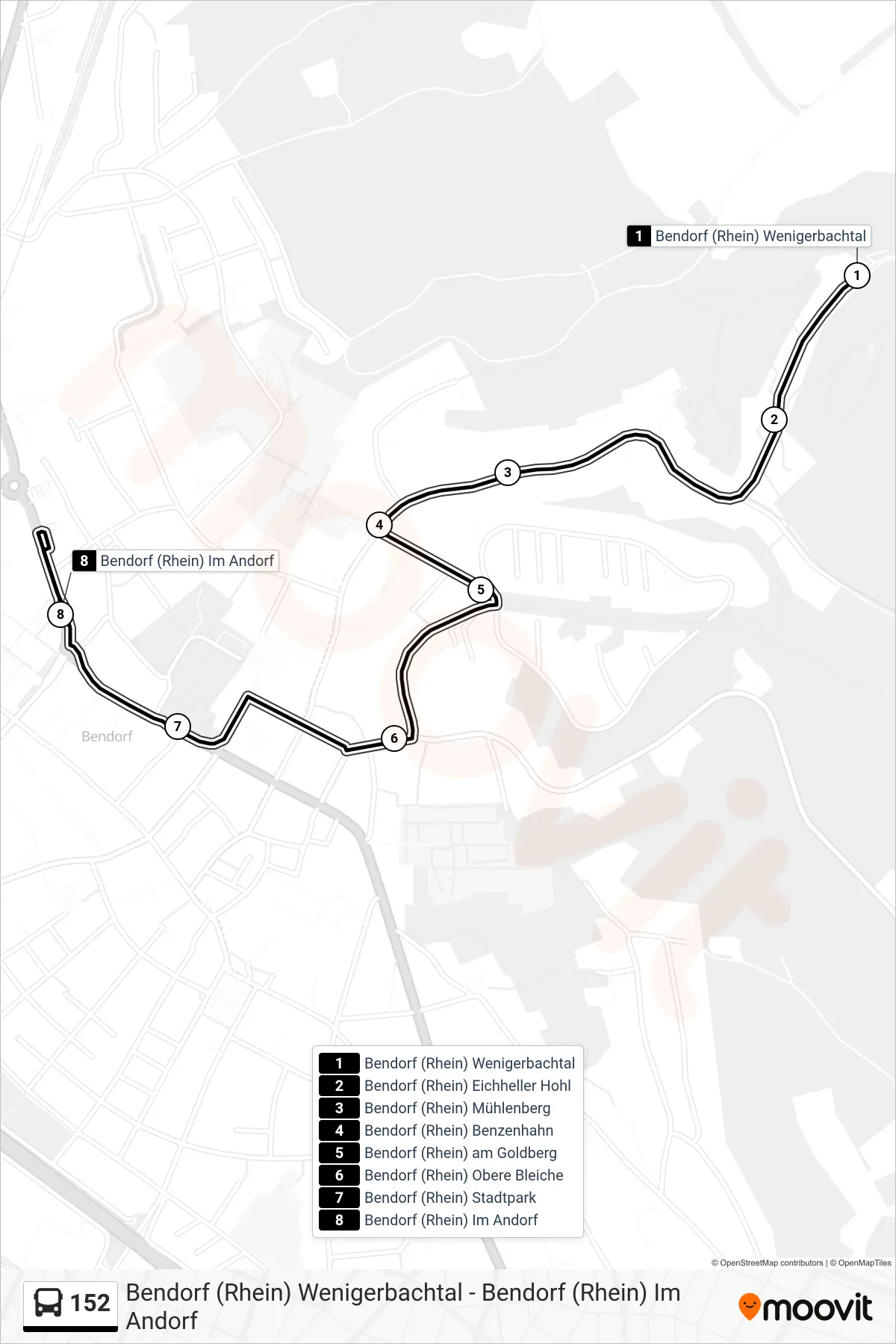 152 bus Line (Bendorf (Rhein) Im Andorf) route and stops on a map