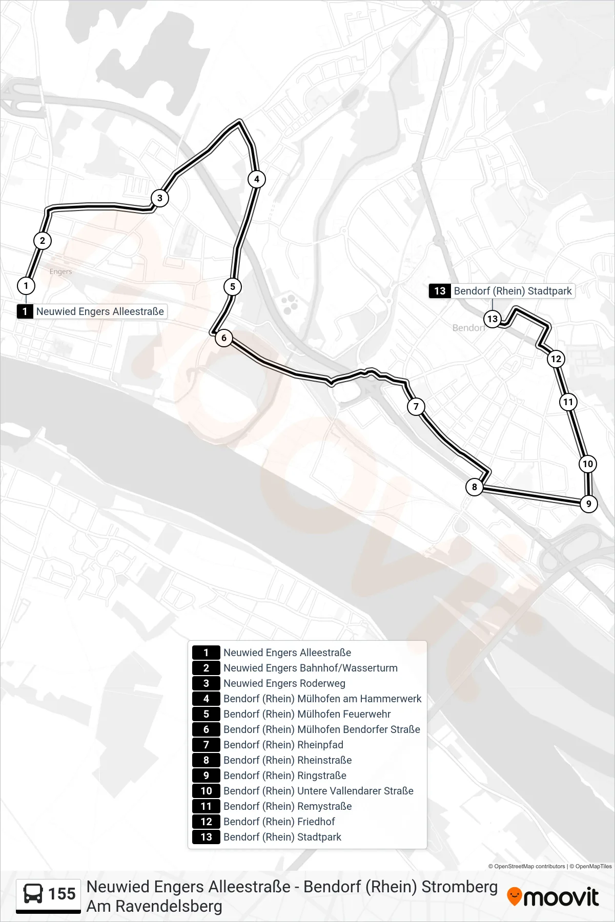 155 bus Line (Bendorf (Rhein) Stadtpark) route and stops on a map
