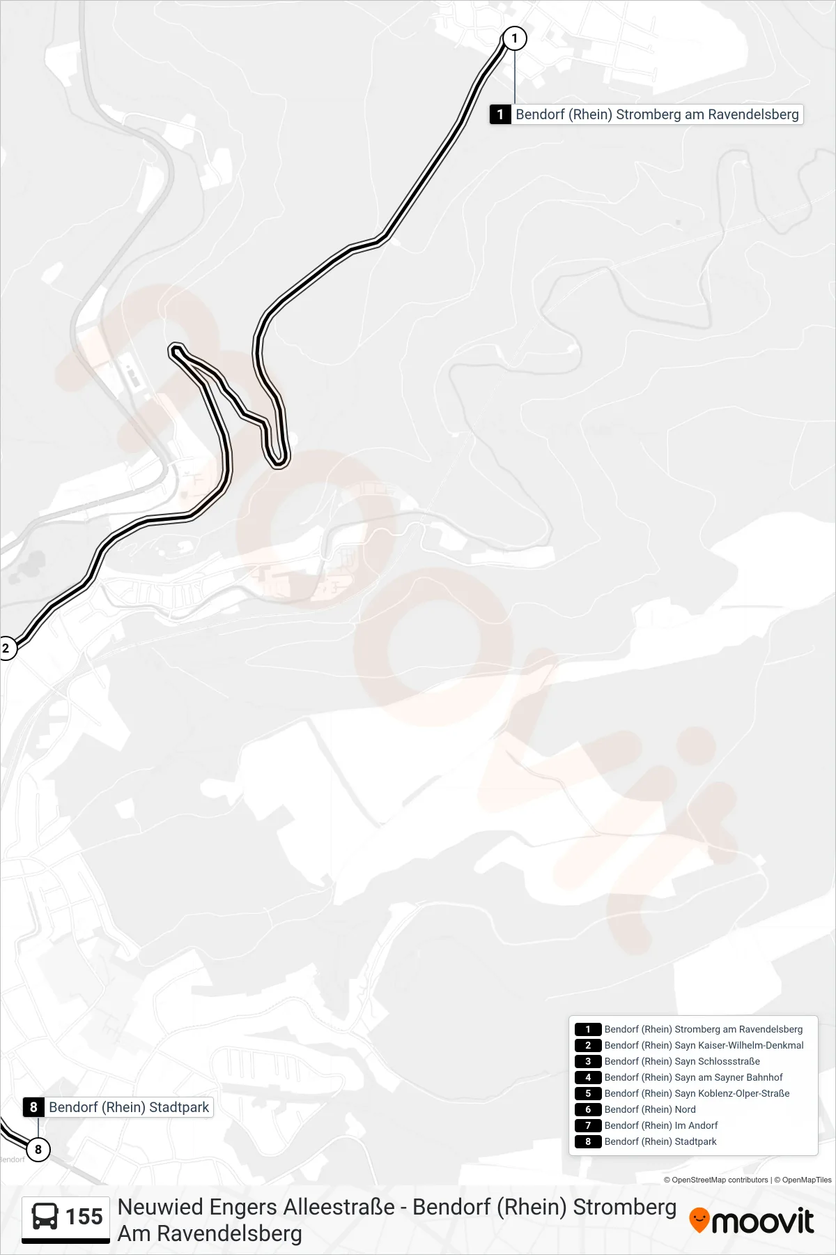 155 bus Line (Bendorf (Rhein) Stadtpark) route and stops on a map