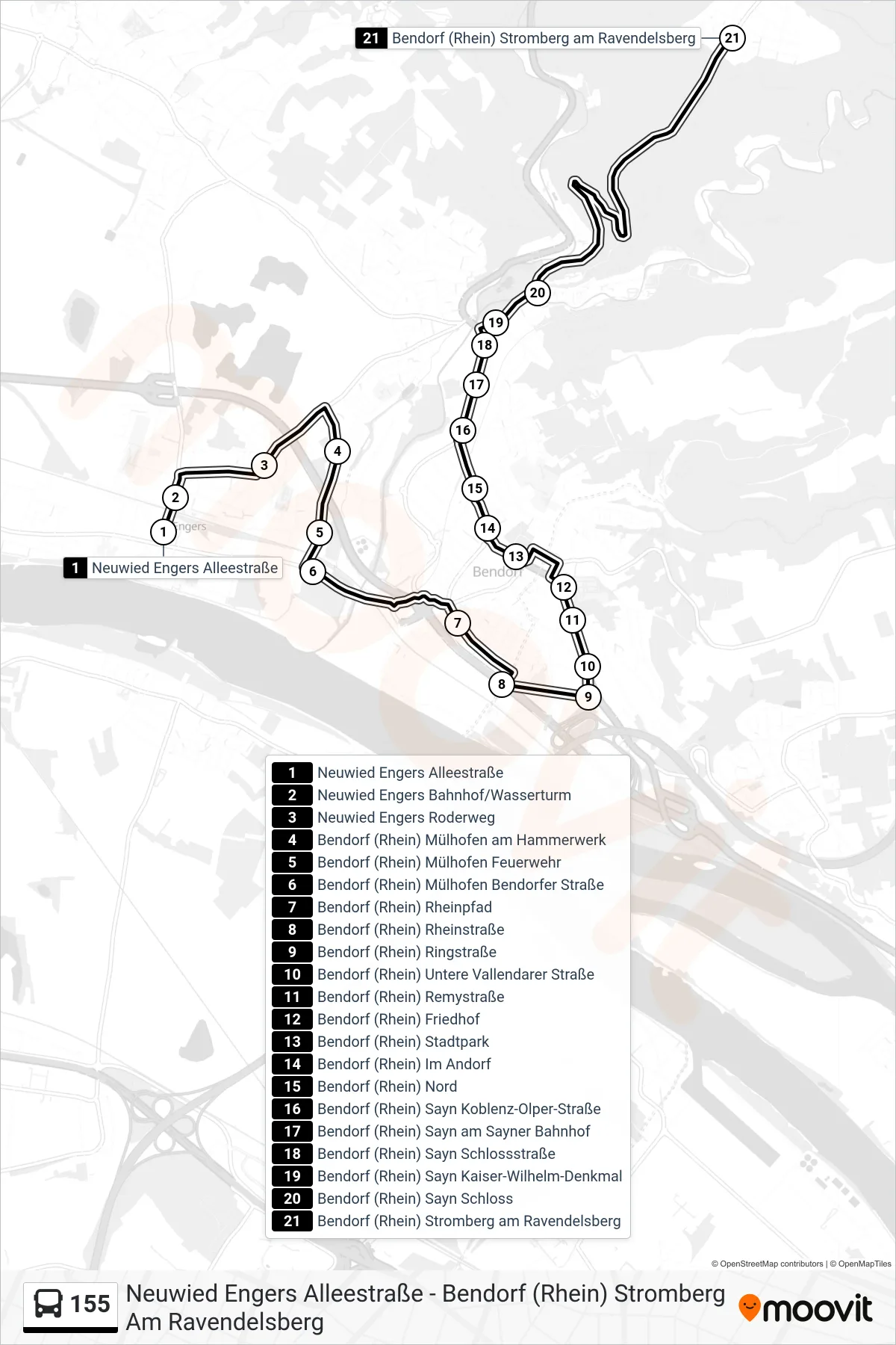 Linie 155 (Bus) Richtung Bendorf (Rhein) Stromberg am Ravendelsberg: Route und Haltestellen auf der Karte