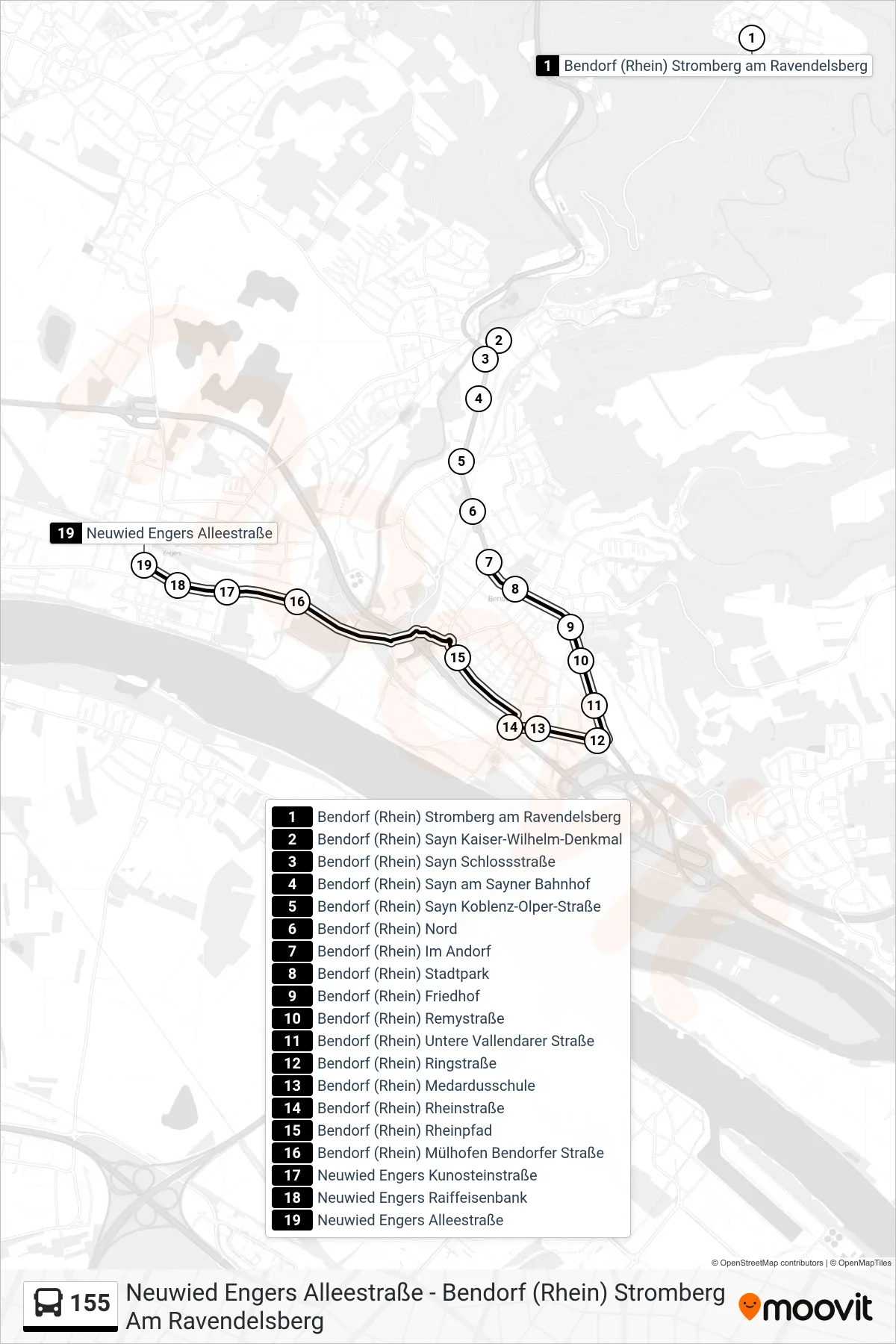 155 bus Line (Neuwied Engers Alleestraße) route and stops on a map