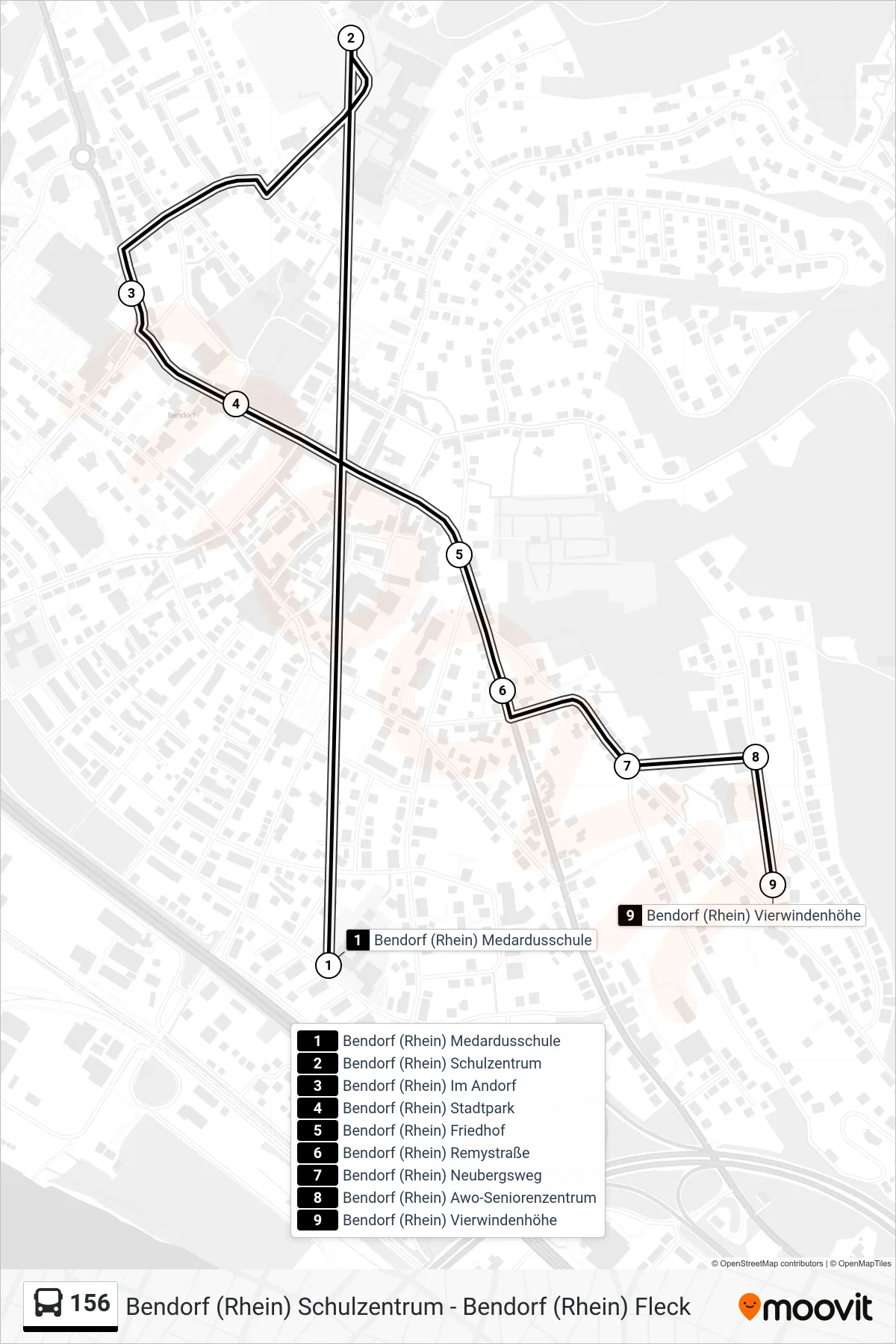 156 bus Line (Bendorf (Rhein) Vierwindenhöhe) route and stops on a map