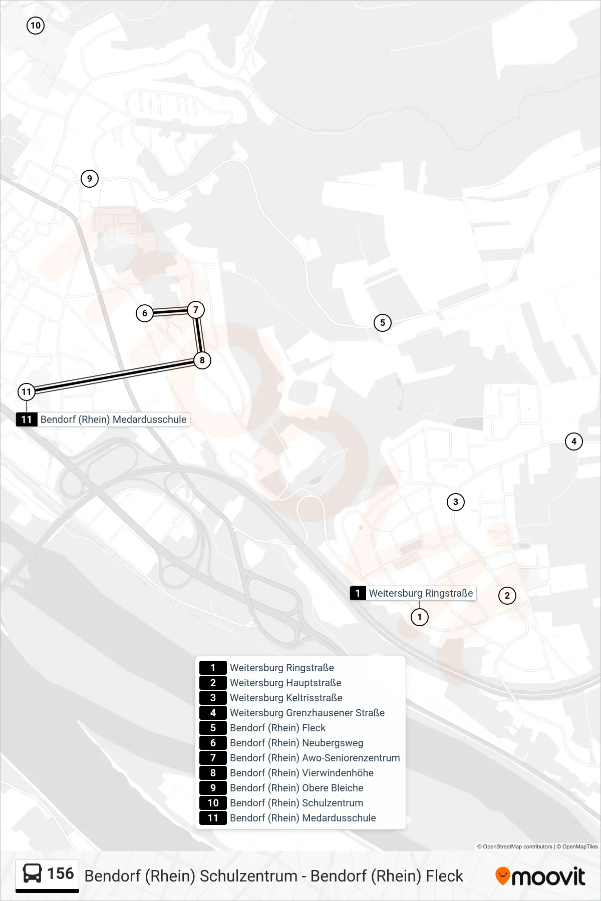 156 bus Line (Bendorf (Rhein) Medardusschule) route and stops on a map