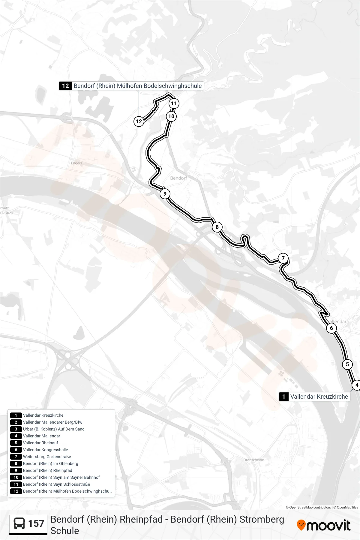 157 bus Line (Bendorf (Rhein) Mülhofen Bodelschwinghschule) route and stops on a map