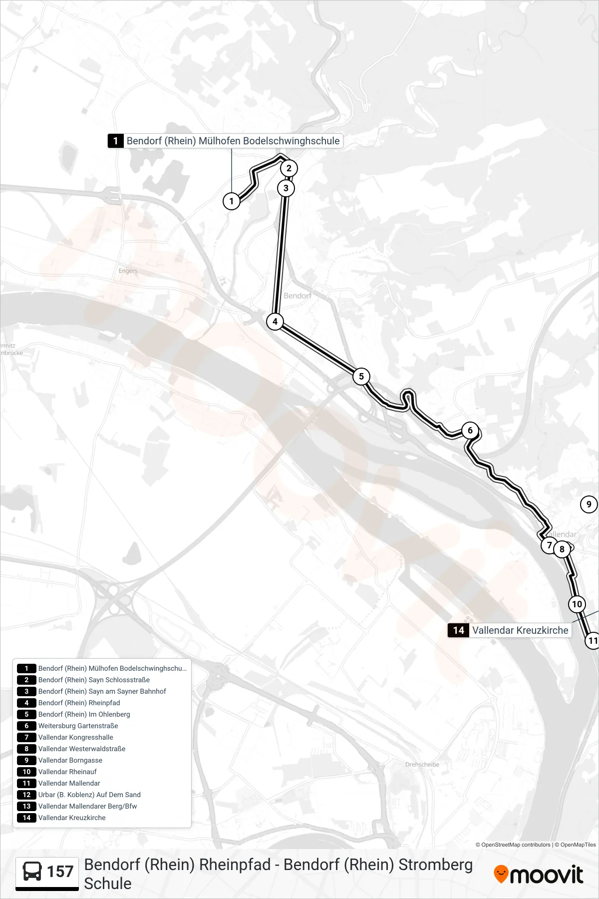 157 bus Line (Vallendar Kreuzkirche) route and stops on a map