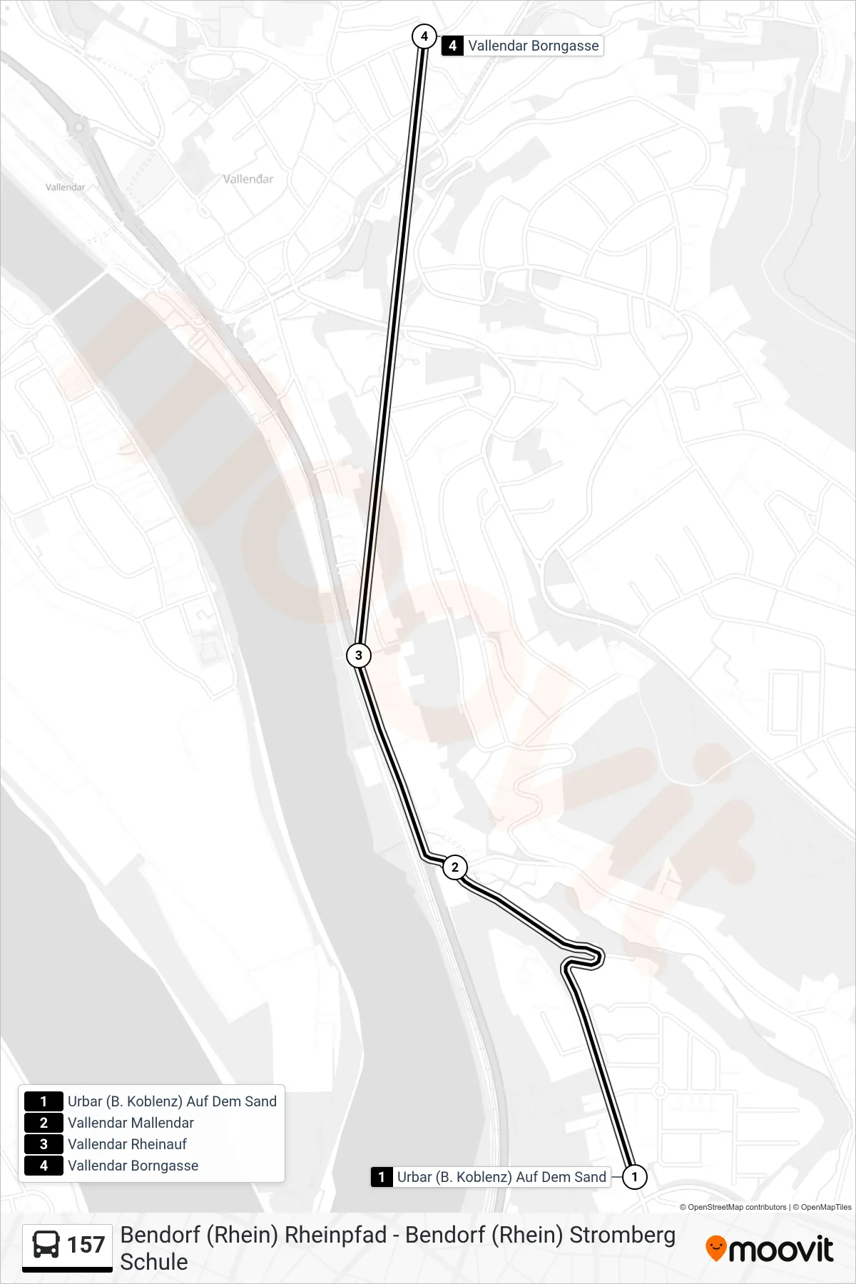 157 bus Line (Vallendar Borngasse) route and stops on a map